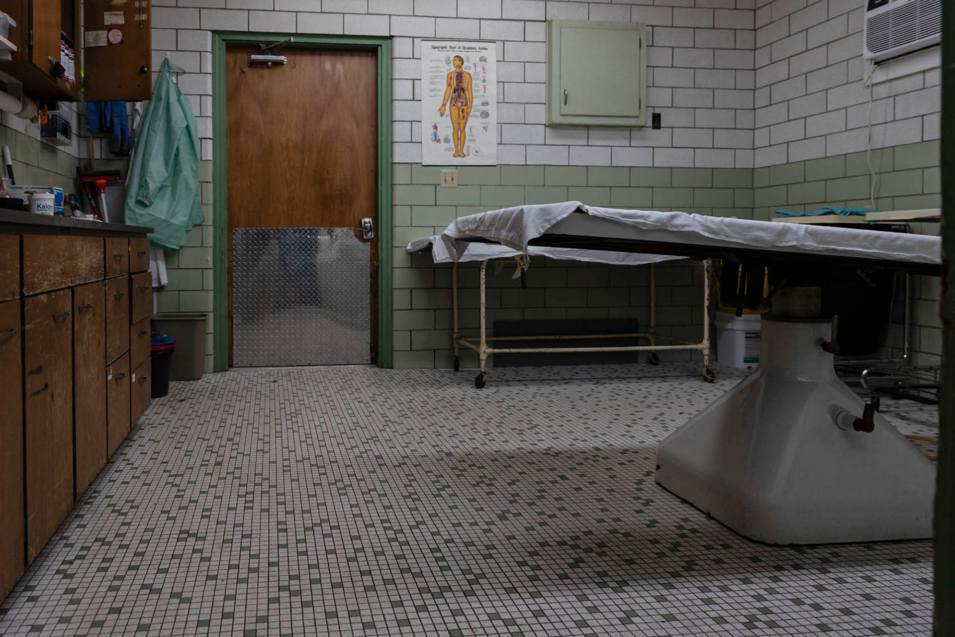 The embalming room at Hughes Funeral Home, Athens, Ohio.