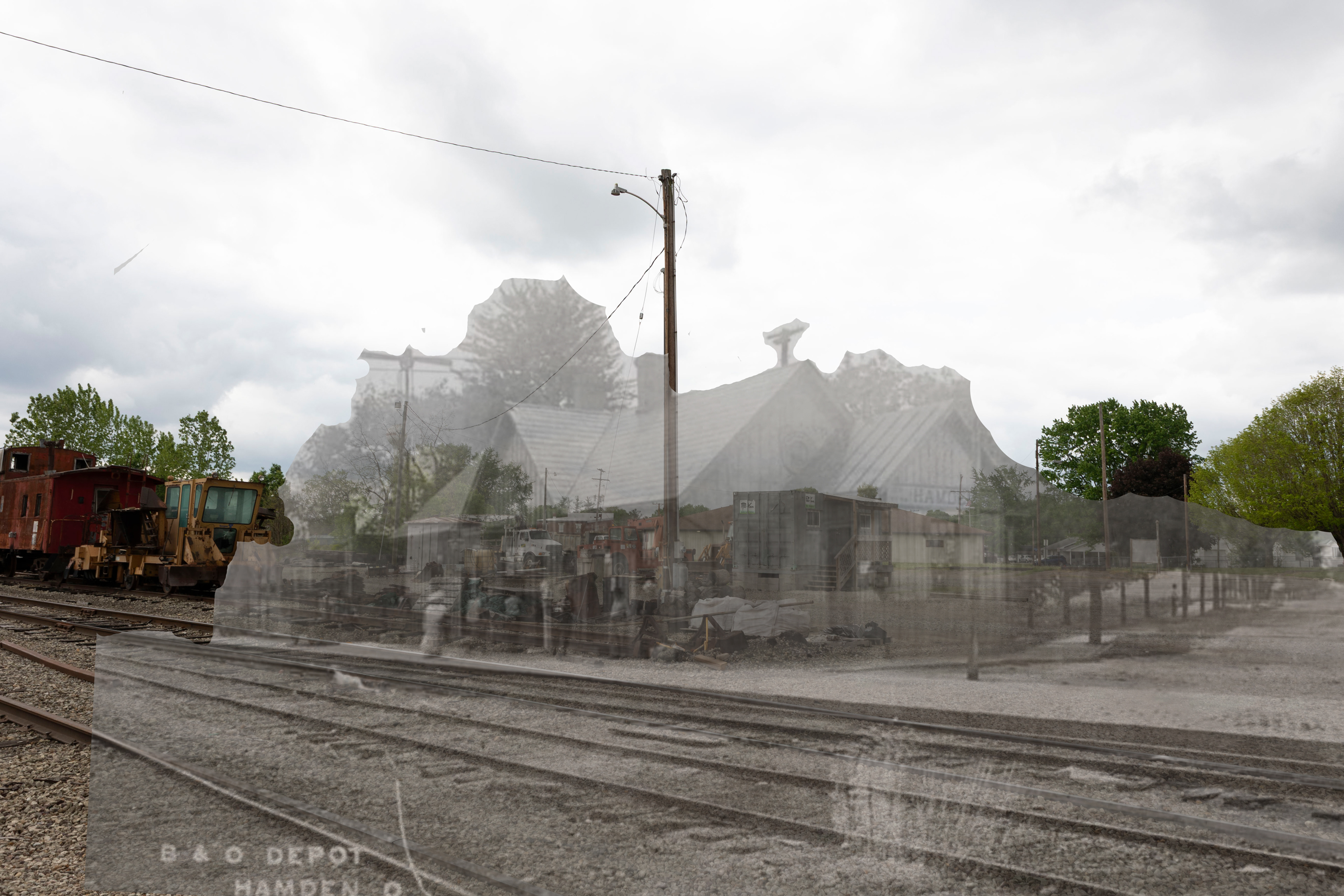 A double exposure photo of the Hamden Train Depot placed over where the foundation still sits in 2026.