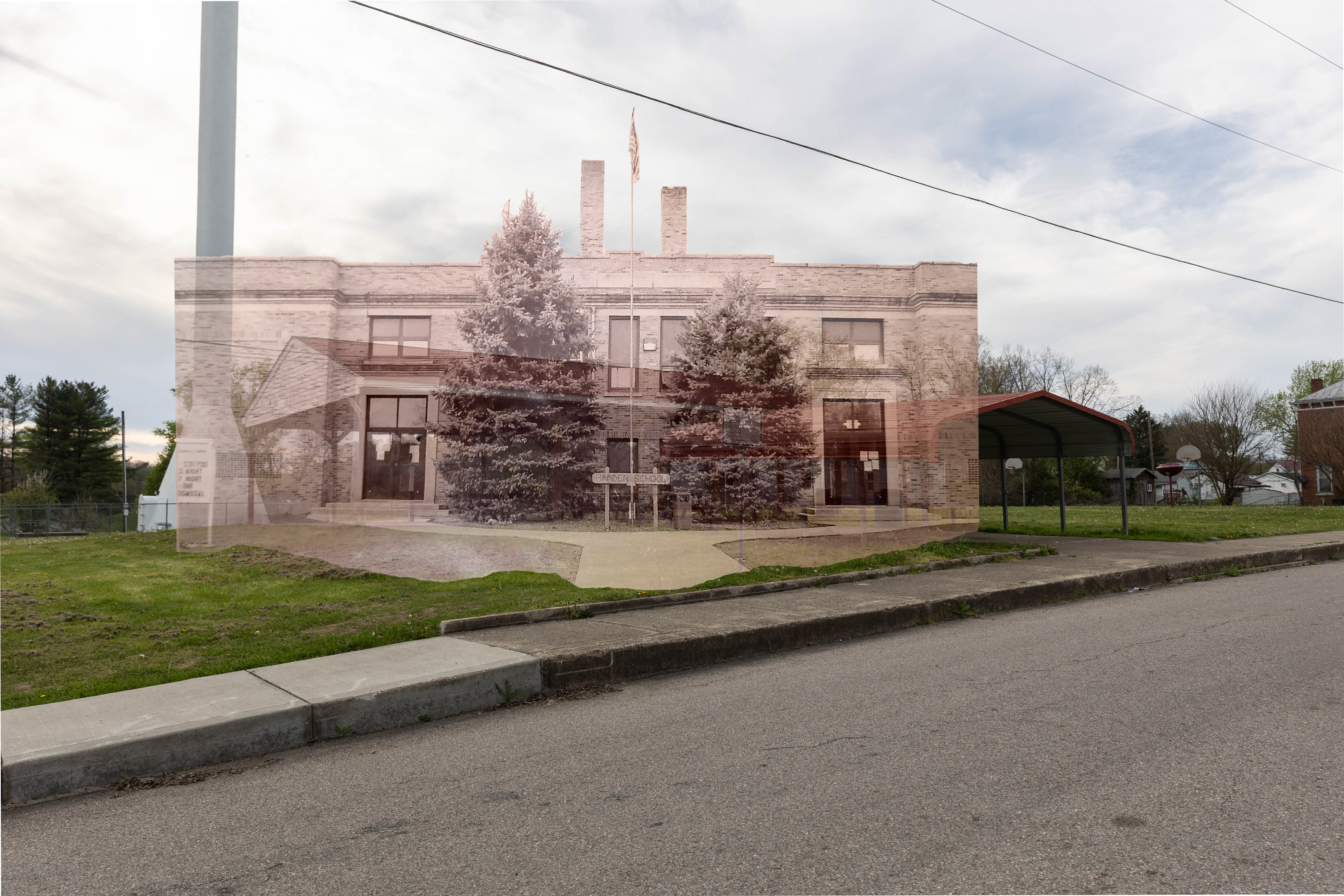 A double exposure of a photo of Hamden Elementary School built in 1973 with a photo of the property as it looks in 2026