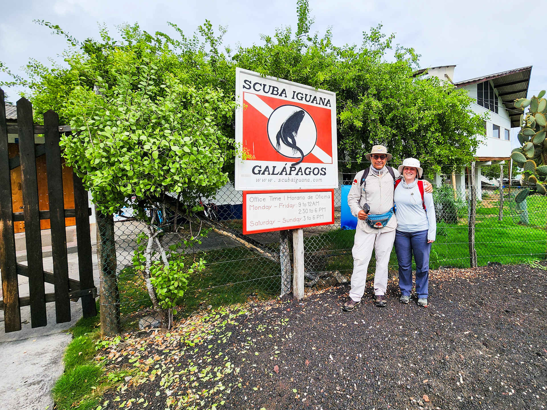 Sylvie with our guide Mathias outside his dive shop