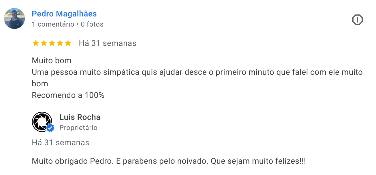 Avaliação de 5 estrelas do cliente Pedro Magalhães elogiando a simpatia e o apoio do fotógrafo Luis Rocha num noivado.