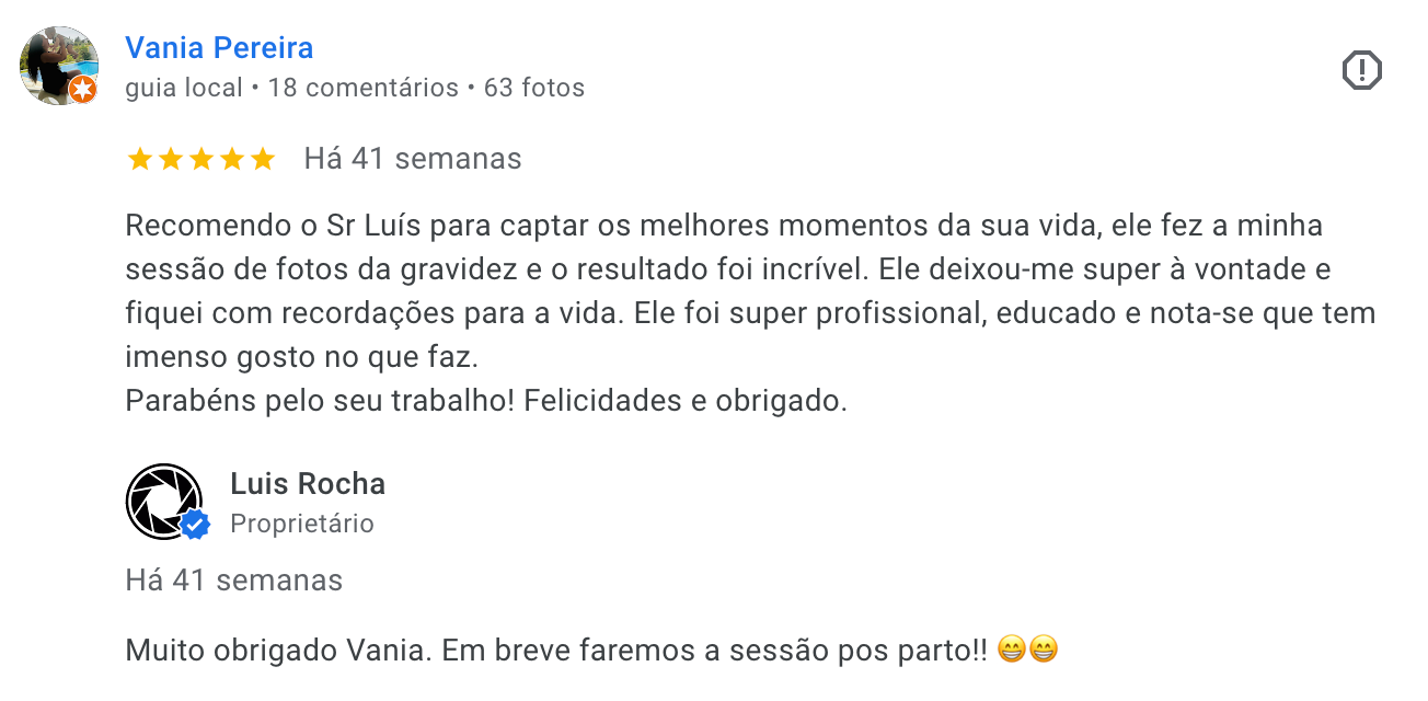 Depoimento de Vania Pereira sobre sessão de fotos de gravidez com o fotógrafo profissional Luis Rocha.