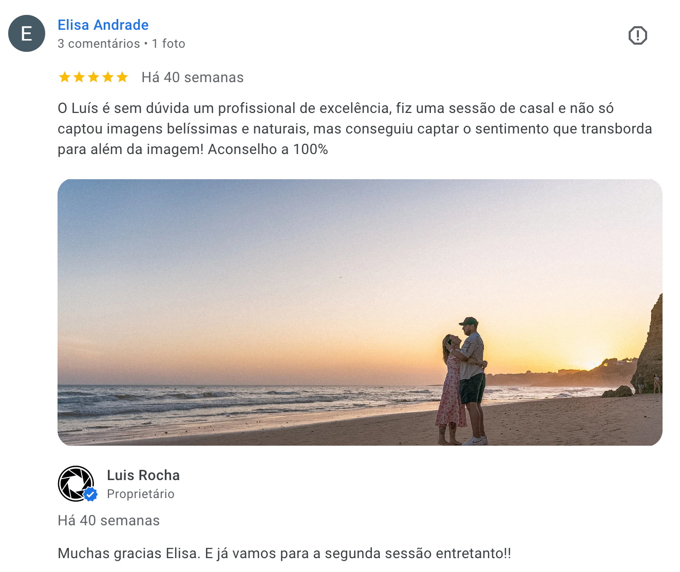 Feedback de Elisa Andrade sobre sessão de casal na praia, focada em sentimentos e fotografia natural com Luis Rocha.