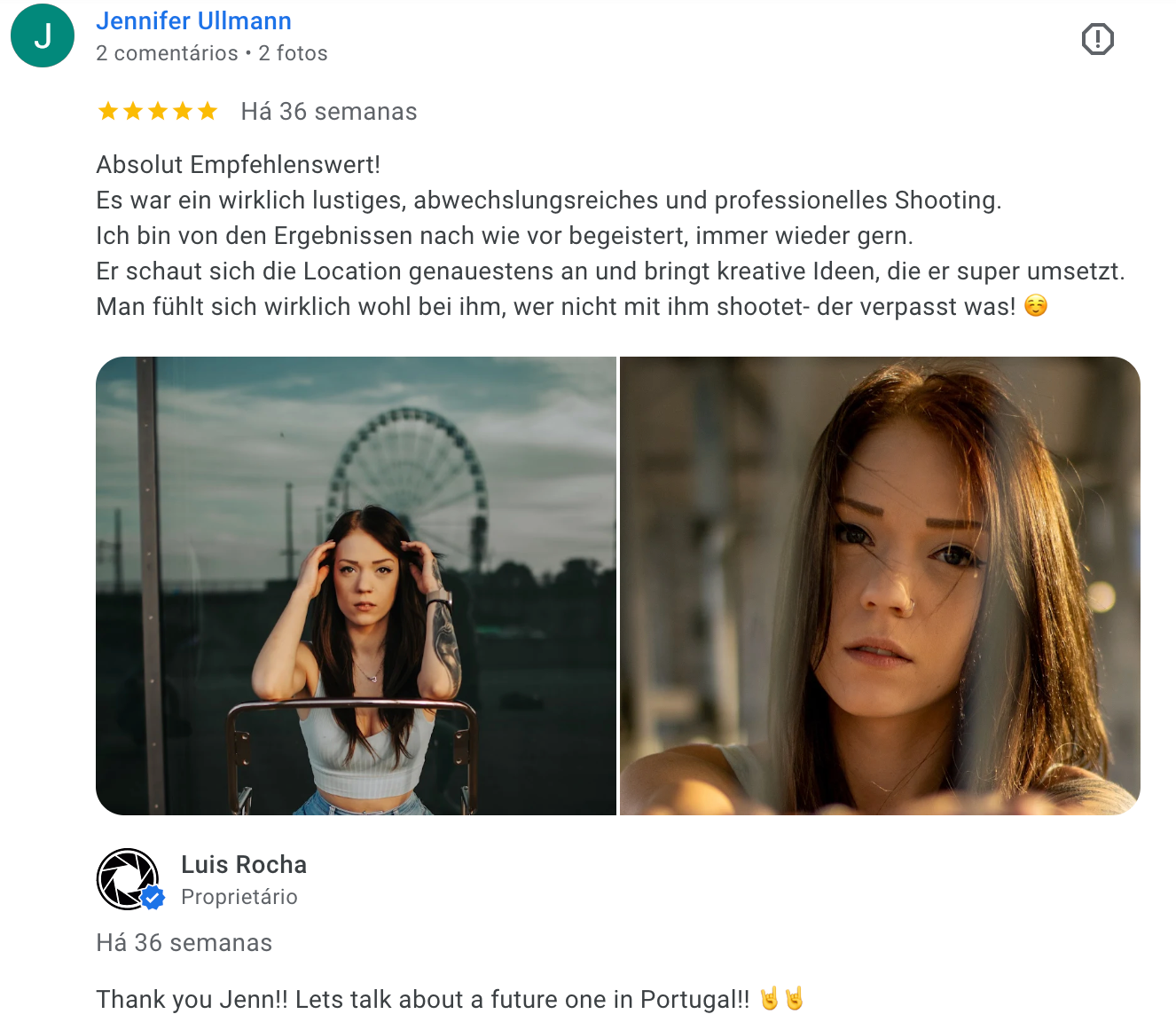 Avaliação em alemão de Jennifer Ullmann sobre sessão fotográfica criativa e profissional com o fotógrafo Luis Rocha.