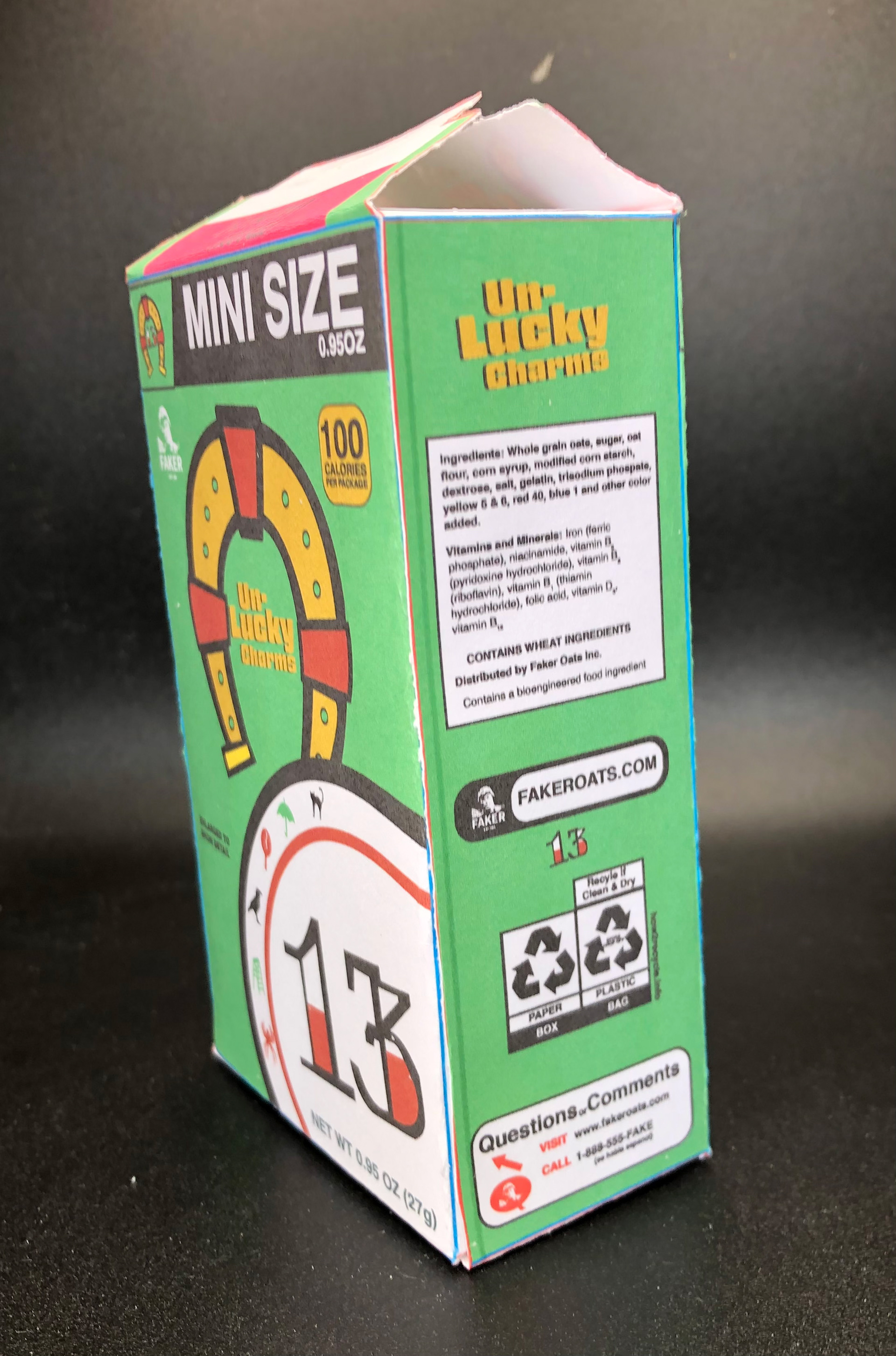 Side of Faker Oats Unlucky Charms Cereal Box