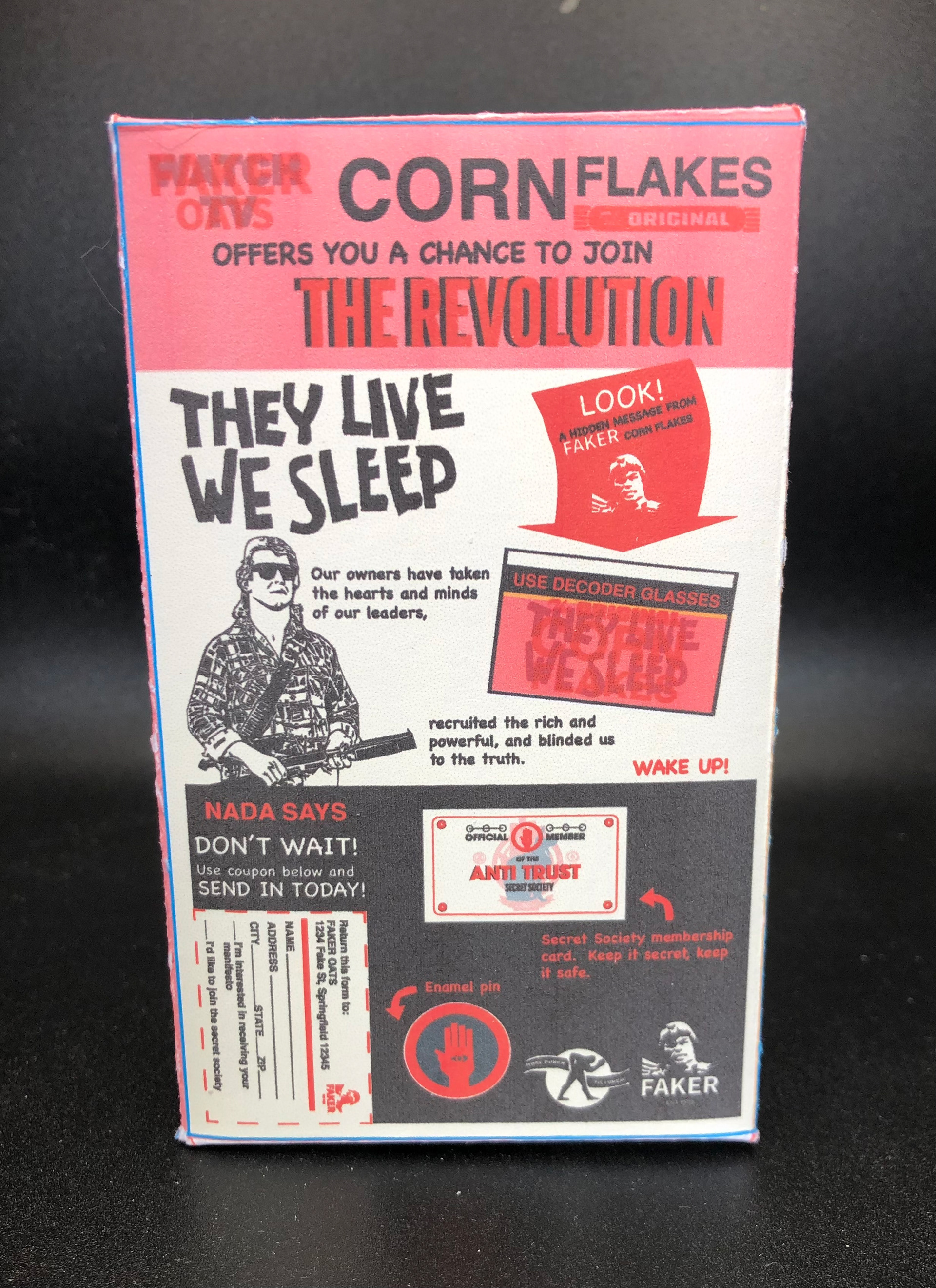 Back of Faker Oats Corn Flakes Cereal Box