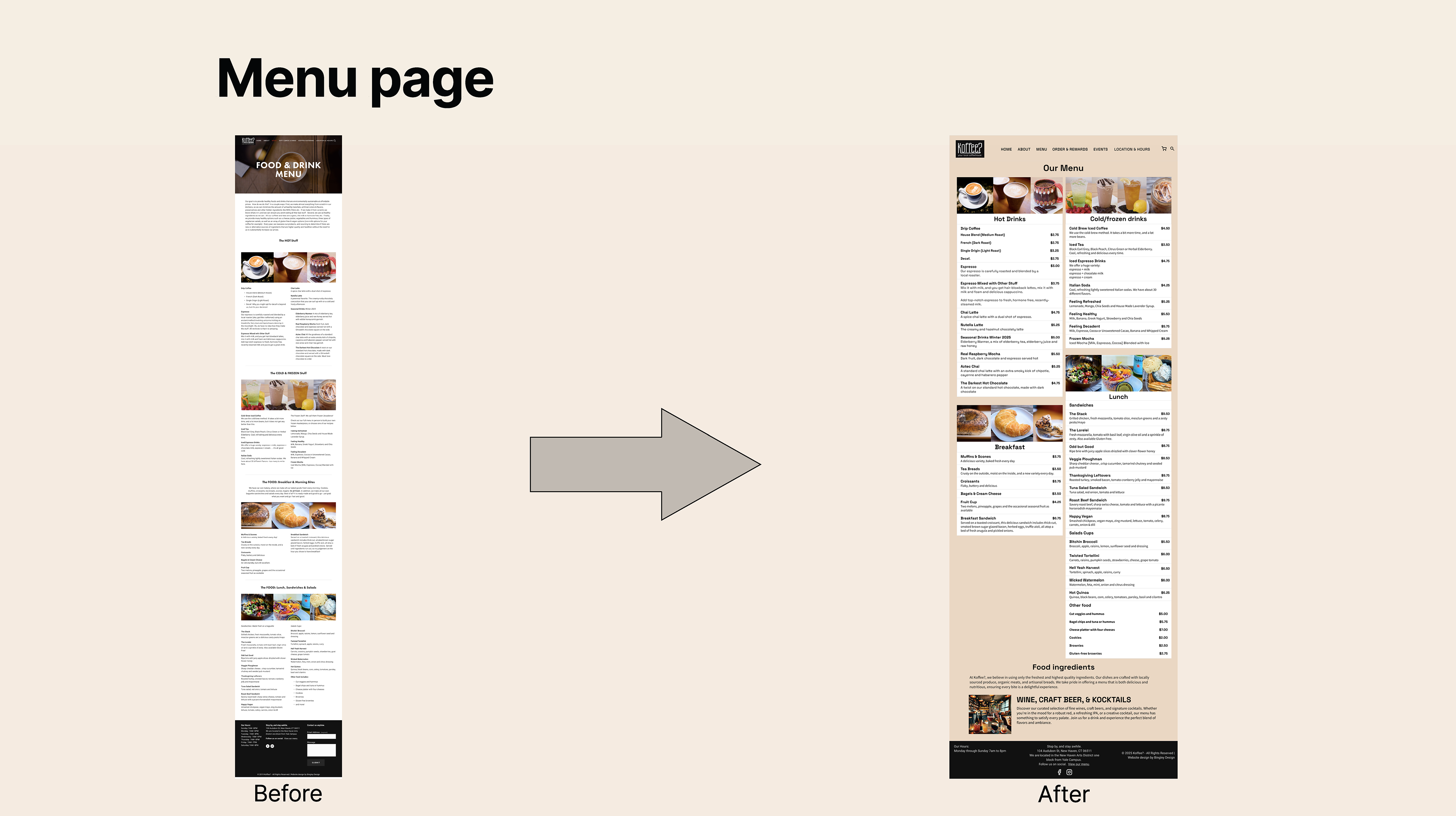Before: Long scroll and inconsistent spacing made browsing difficult. After: Organized categories, added clearer item structure, and improved alignment for easier scanning.
