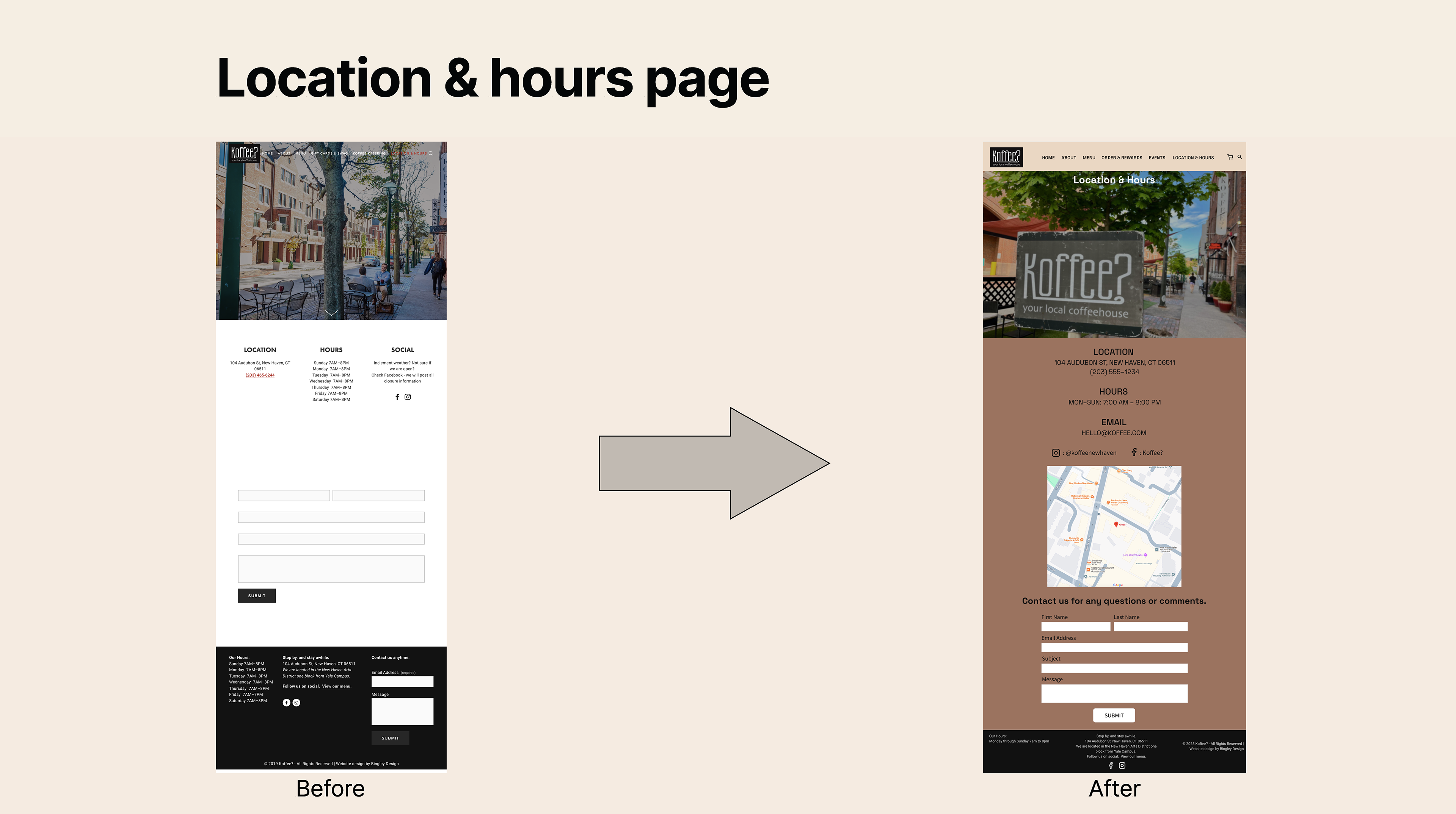 Before: Sparse layout with little visual context. After: Added branded imagery, clearer contact details, and improved form structure for usability.