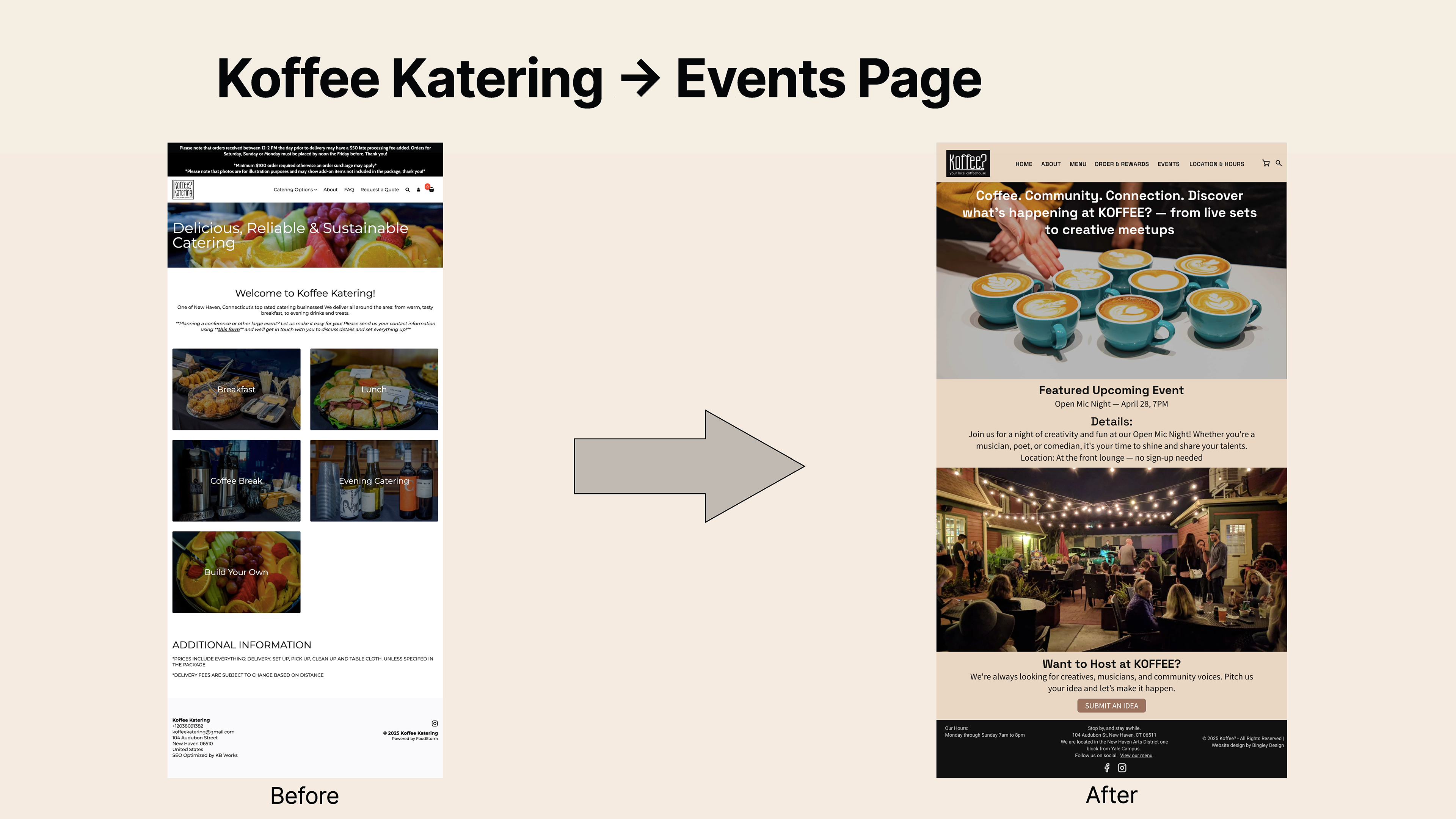 Before: Katering link redirected users off-site, breaking consistency. After: Replaced with an on-site Events page to keep users engaged and provide clear event information.