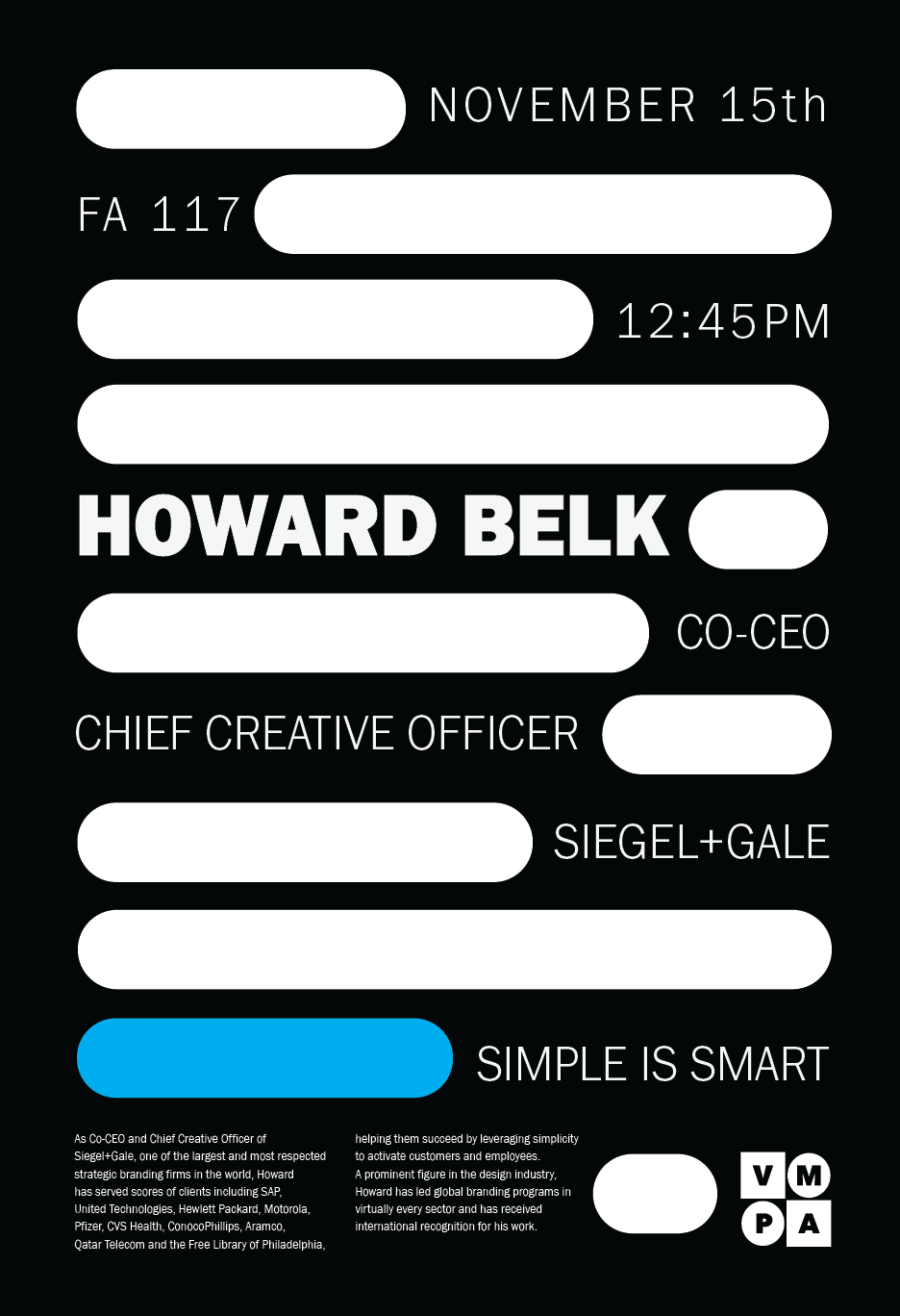 Poster for guest speaker Howard Belk of Siegel+Gale
