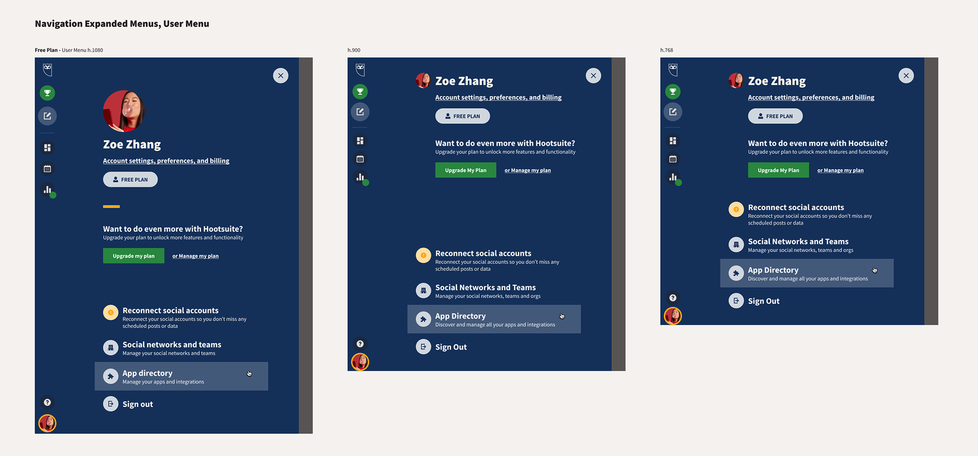 Different views of the 'My profile' menu expanded at different resolutions