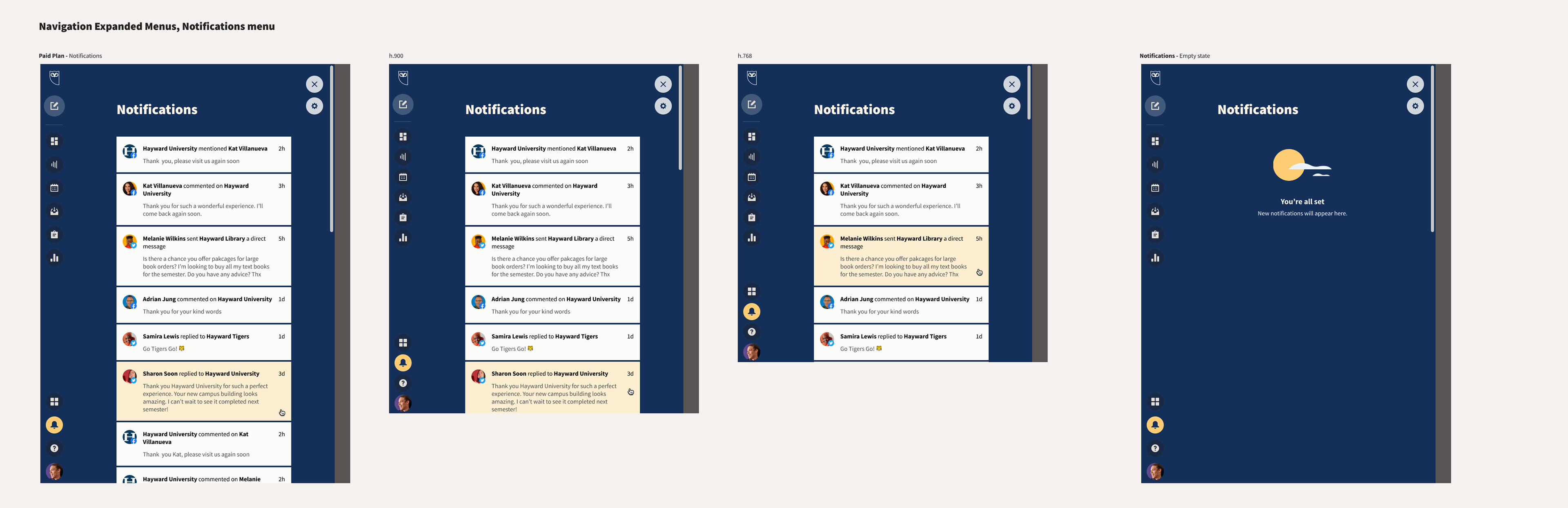 A view of the expanded Notifications menu at different resolutions