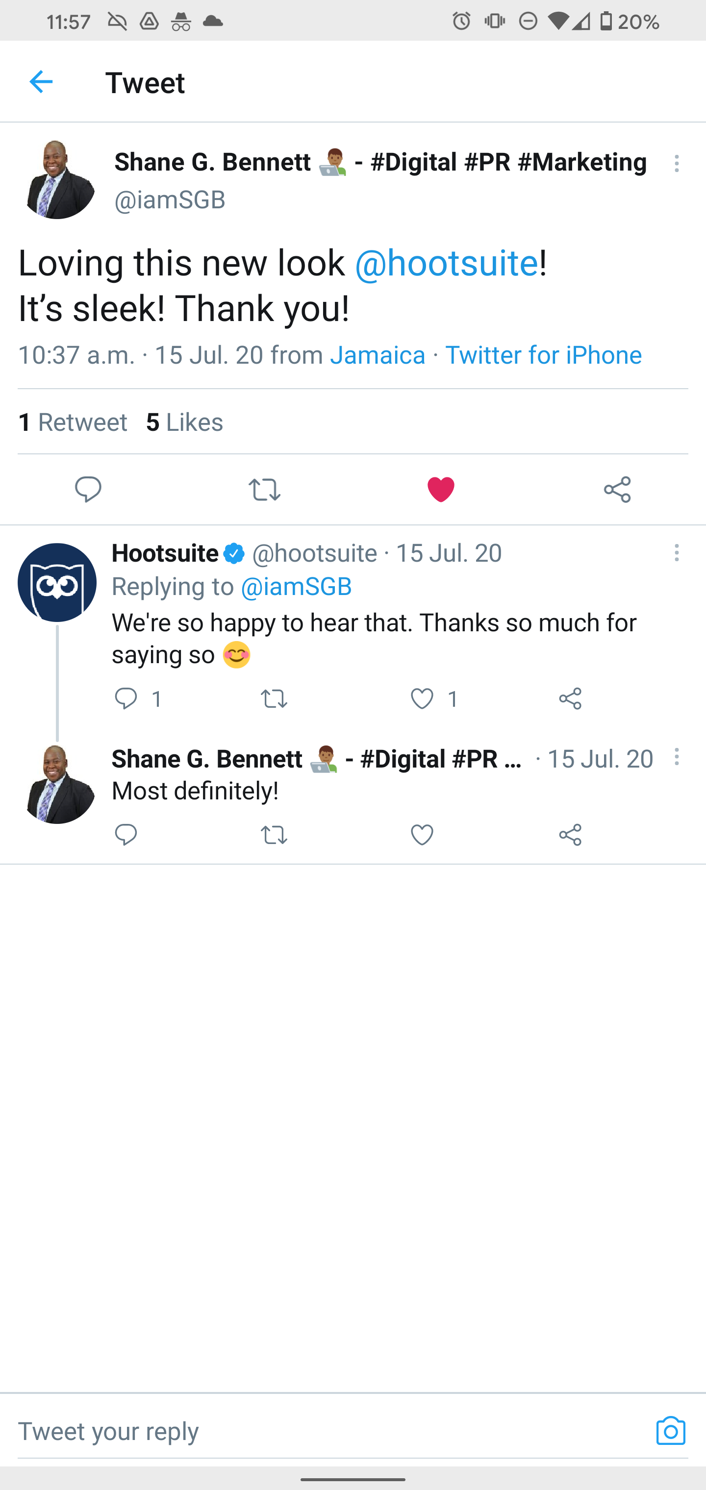 Tweet that reads Loving this new look Hotosuite! It's sleek! Thank you!