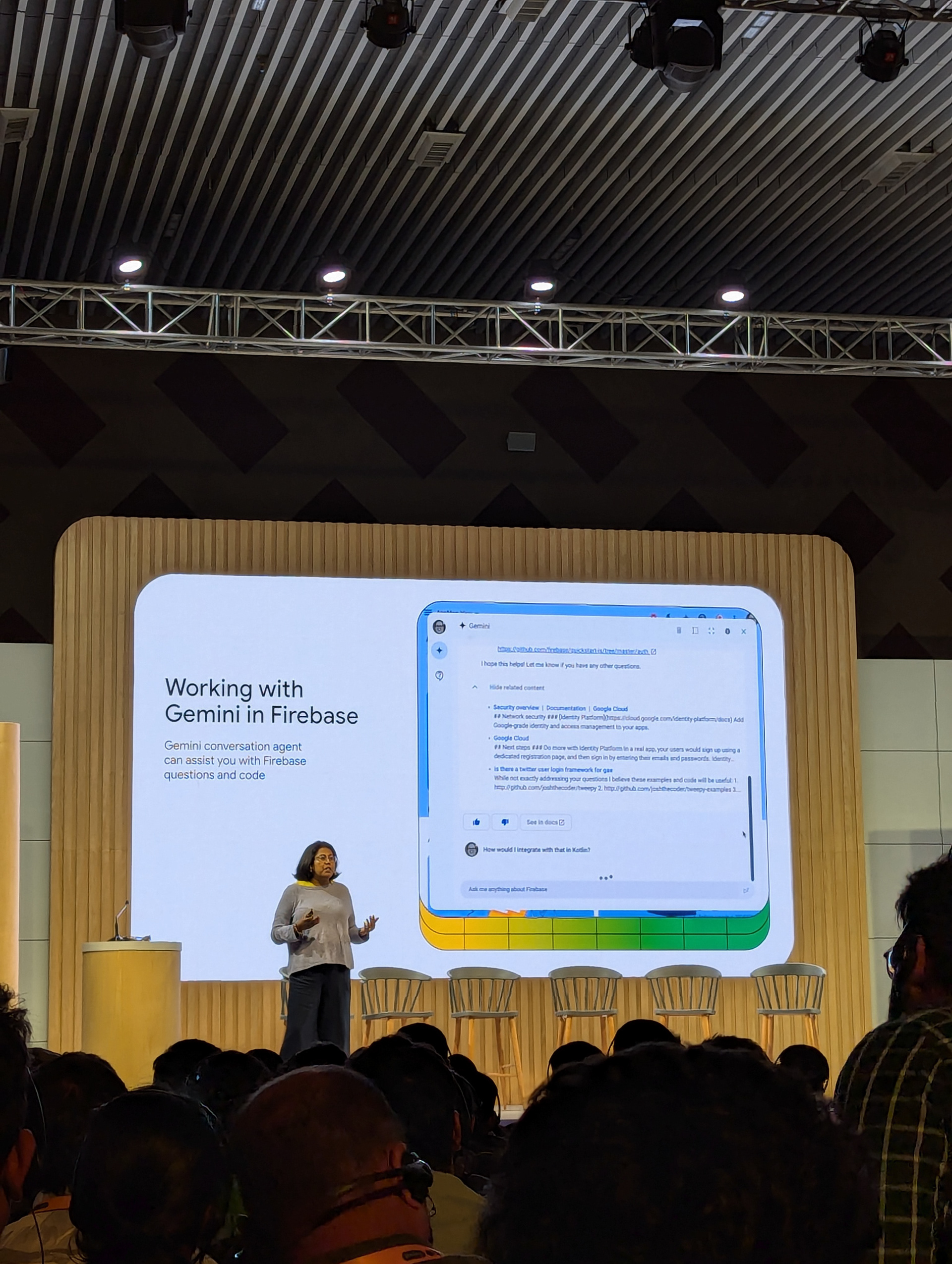 Thevi Sundaralingam, Gemini in Firebase's group product manager, presenting at Google I/O Connect