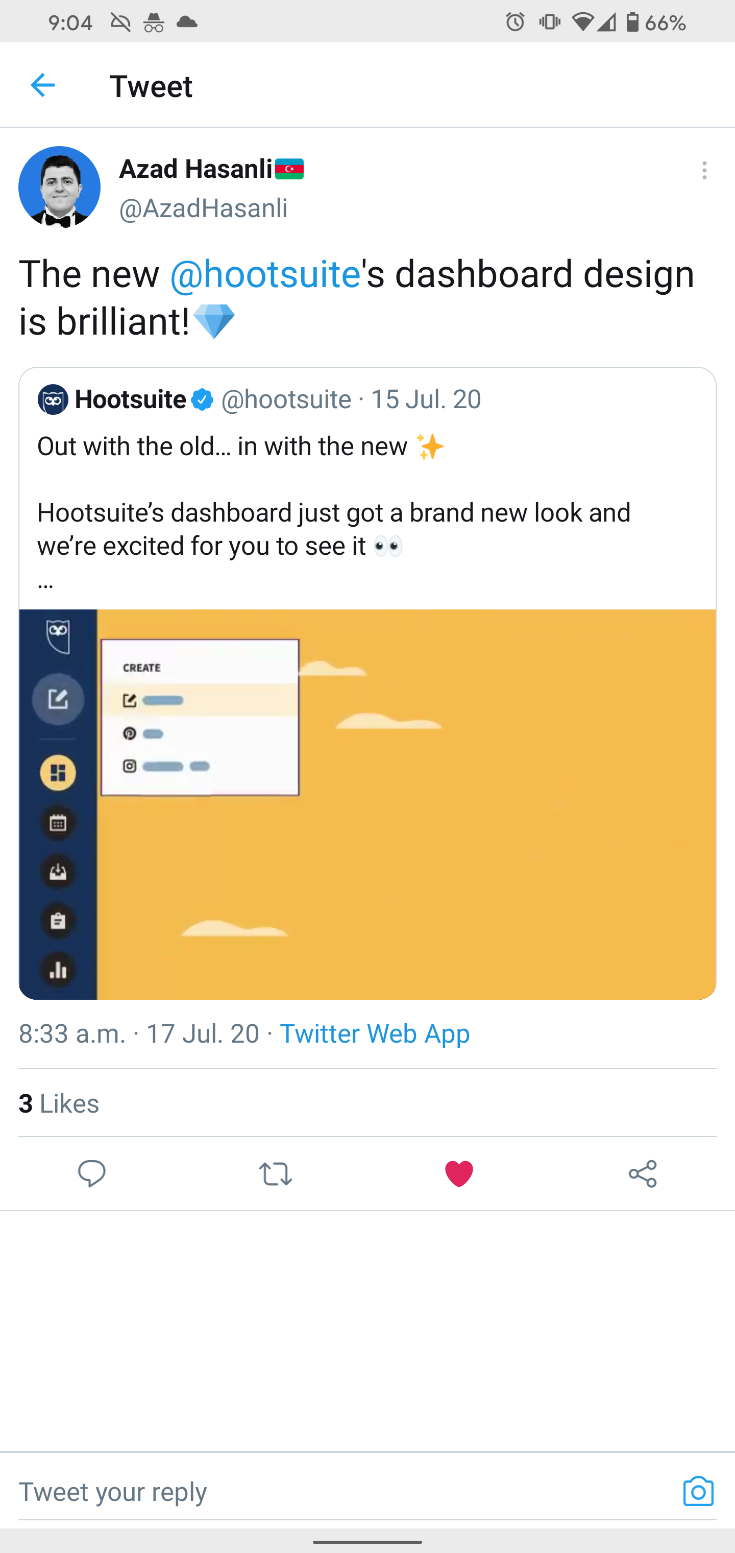 Tweet that reads the new Hootsuite's dashboard design is brilliant! Diamond emoji