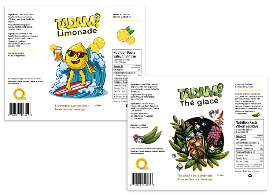 Étiquettes TADAM d'une limonade et d'un thé glacé