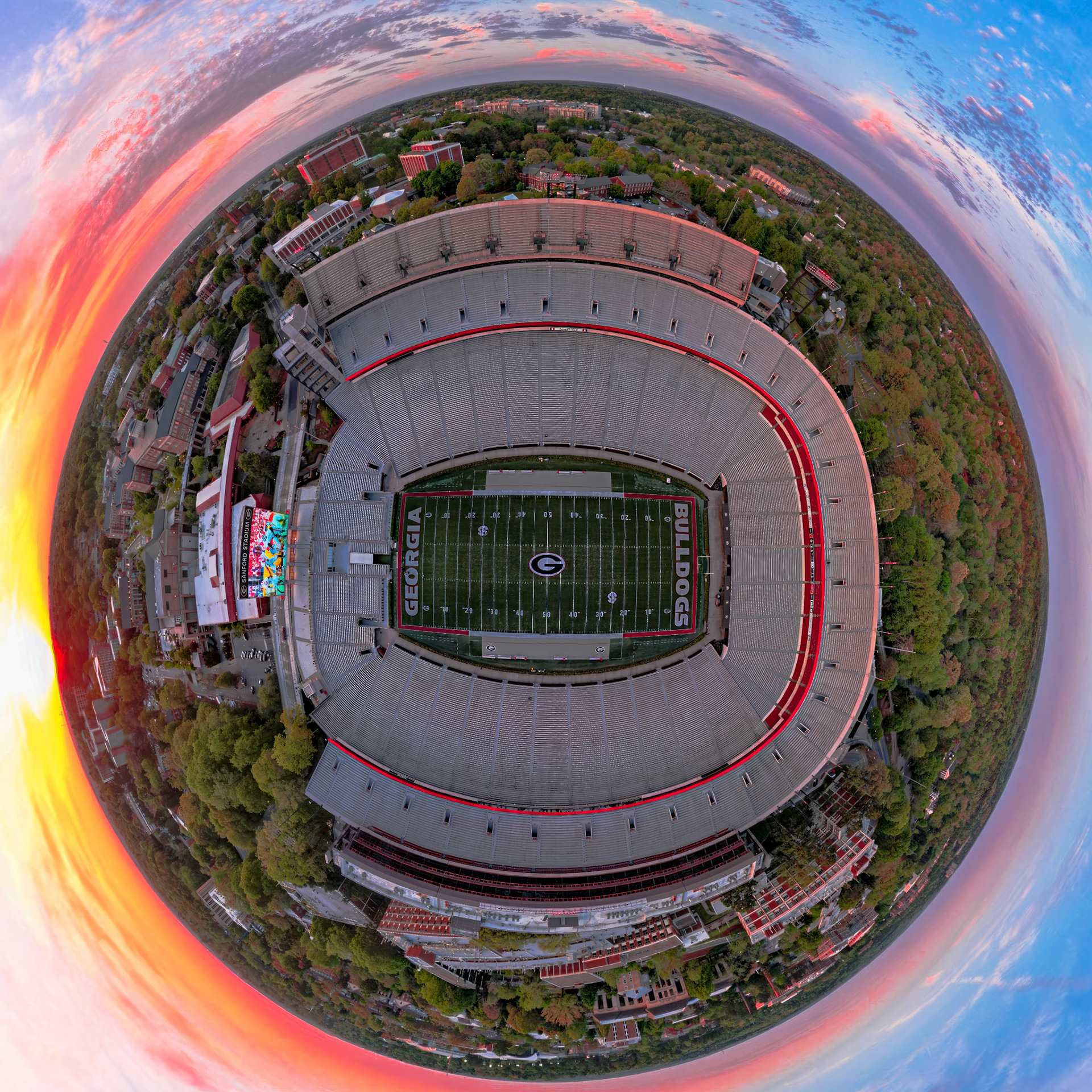 Tiny planet of Sanford Stadium, home of the Georgia Bulldawgs!  Captured this tiny planet using my DJI Air 2s with sunset colors.