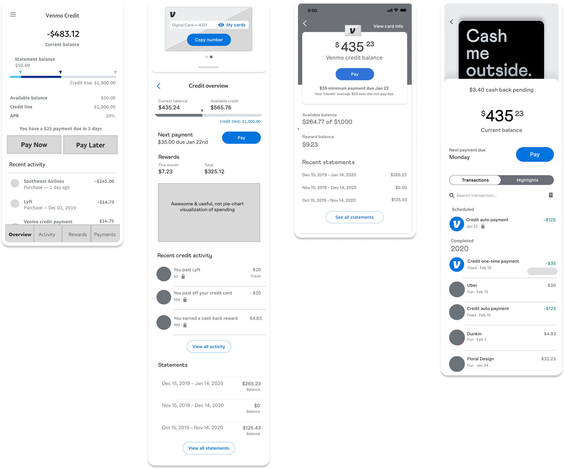Venmo Credit Card Account Summary Wireframes