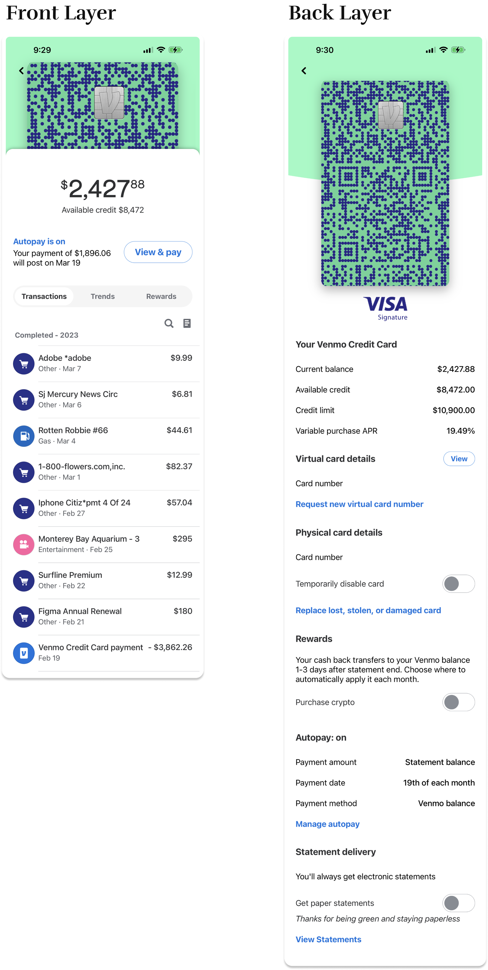 Front & Back Layer for Account Summary