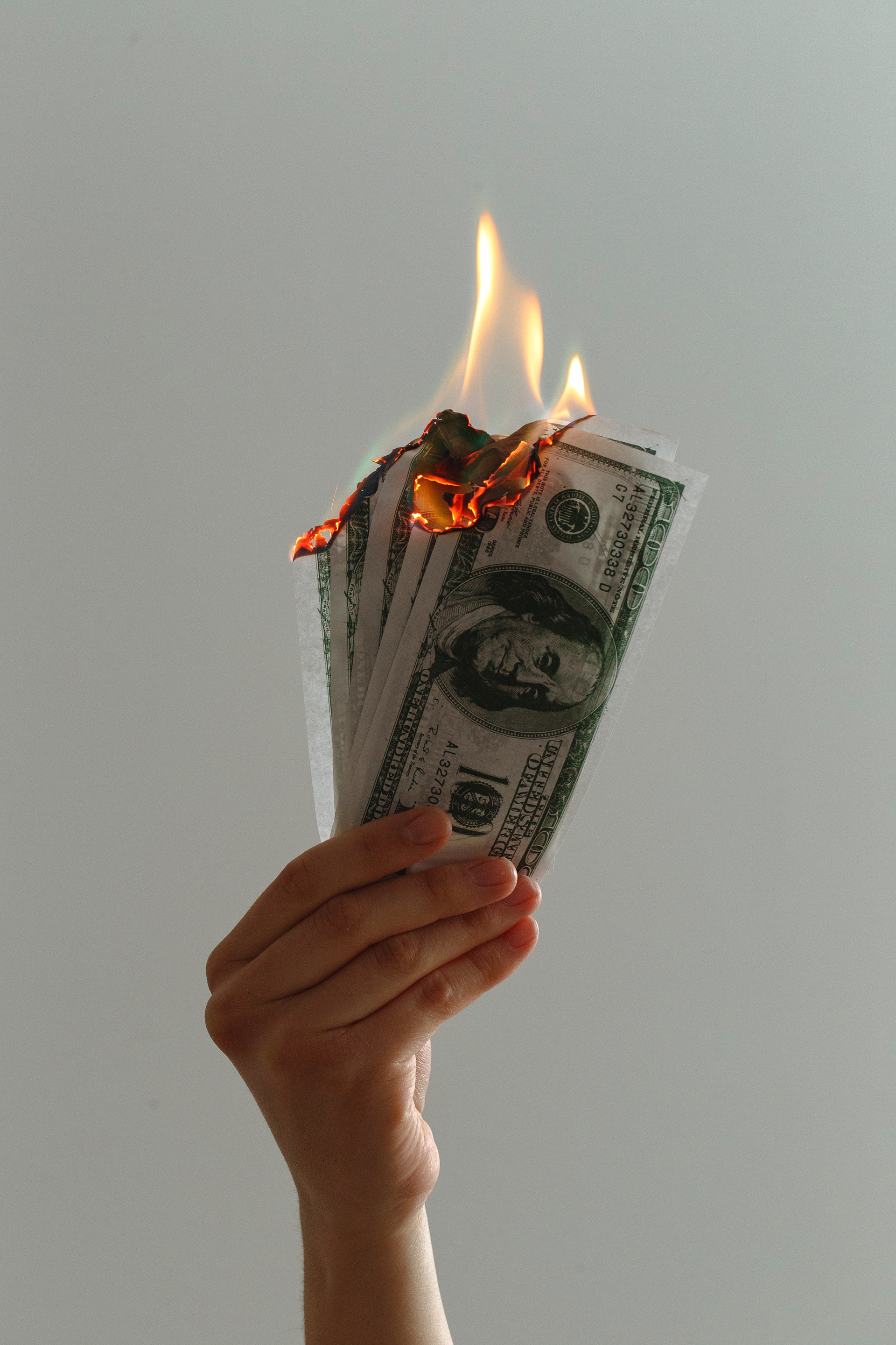 A hand holding dollar bills burning with an open flame / The Gastro Label / www.gastro-label.com