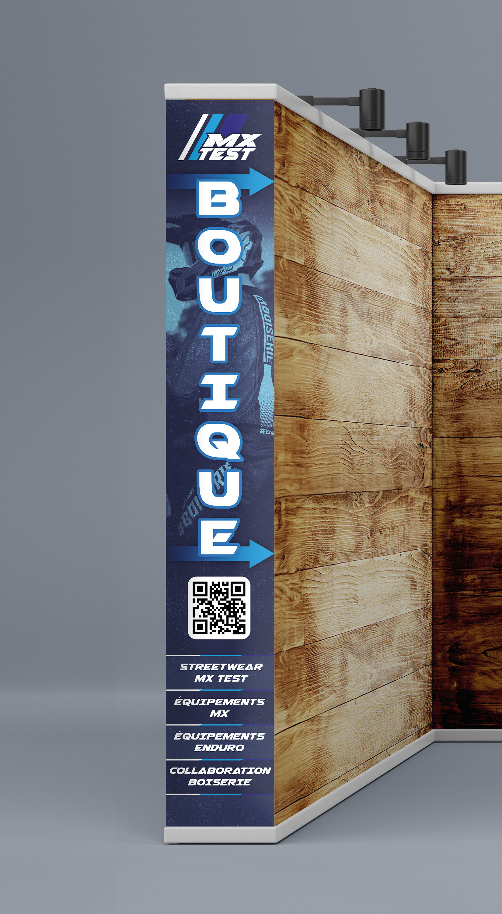 Angle banderole de stand "Boutique" SALON DU 2 ROUES