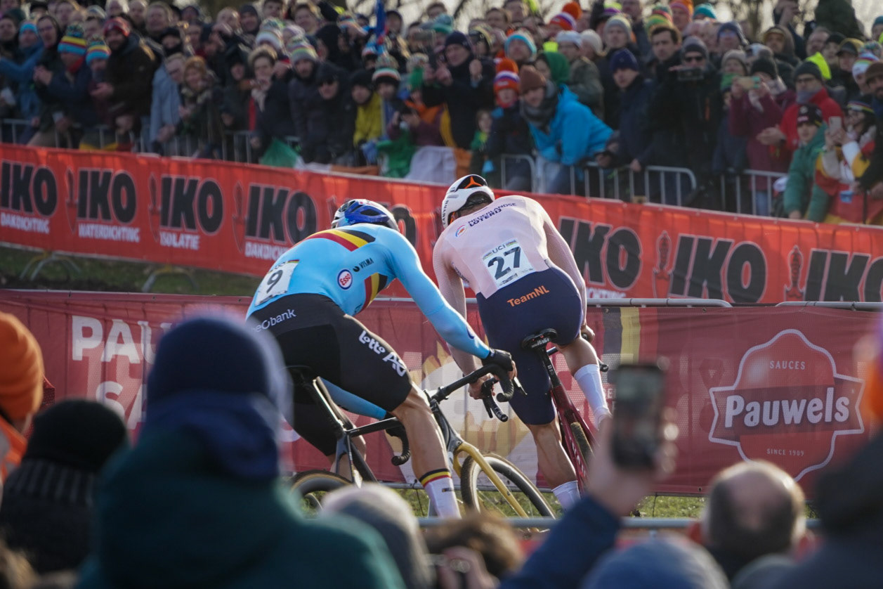 Clash of the Titans; Belgian Wout van Aert and Dutchman Mathieu van der Poel battling for  the win at the 2023 World Championships Cyclo-cross at Hoogerheide, the Netherlands