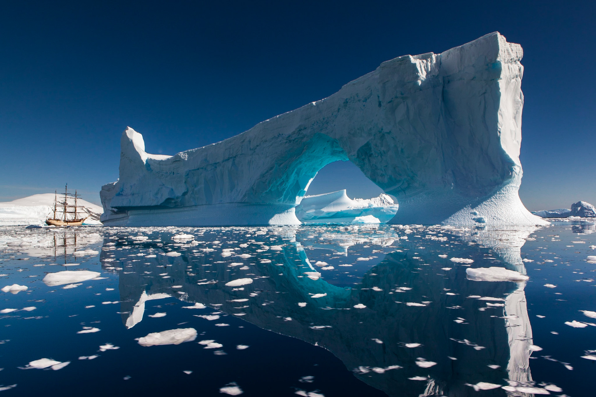Bark Europa amids icebergs off Pléneau Island