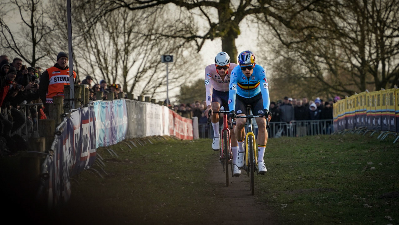 Clash of the Titans; Belgian Wout van Aert and Dutchman Mathieu van der Poel battling for  the win at the 2023 World Championships Cyclo-cross at Hoogerheide, the Netherlands