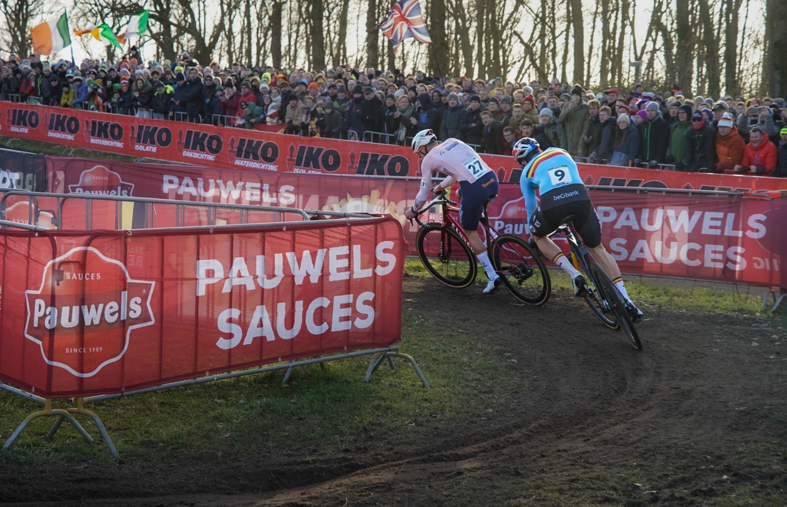 Clash of the Titans; Belgian Wout van Aert and Dutchman Mathieu van der Poel battling for  the win at the 2023 World Championships Cyclo-cross at Hoogerheide, the Netherlands