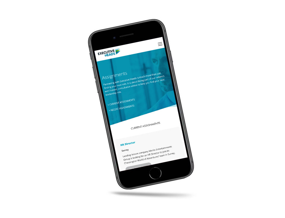 Executive heads website assignments page displayed on a mobile