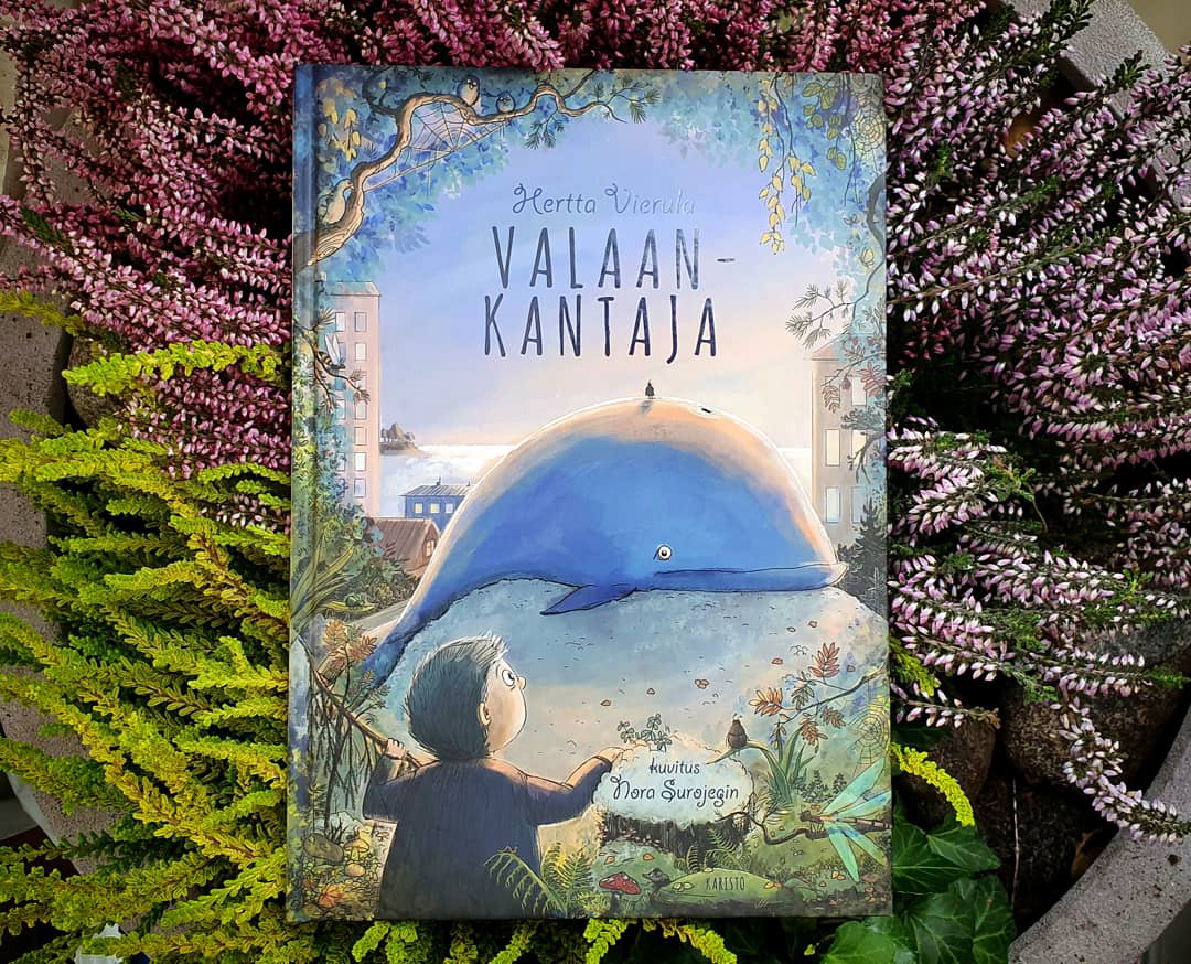 Cover of "Valaankantaja", a boy finds a giant whale in the middle of a city park