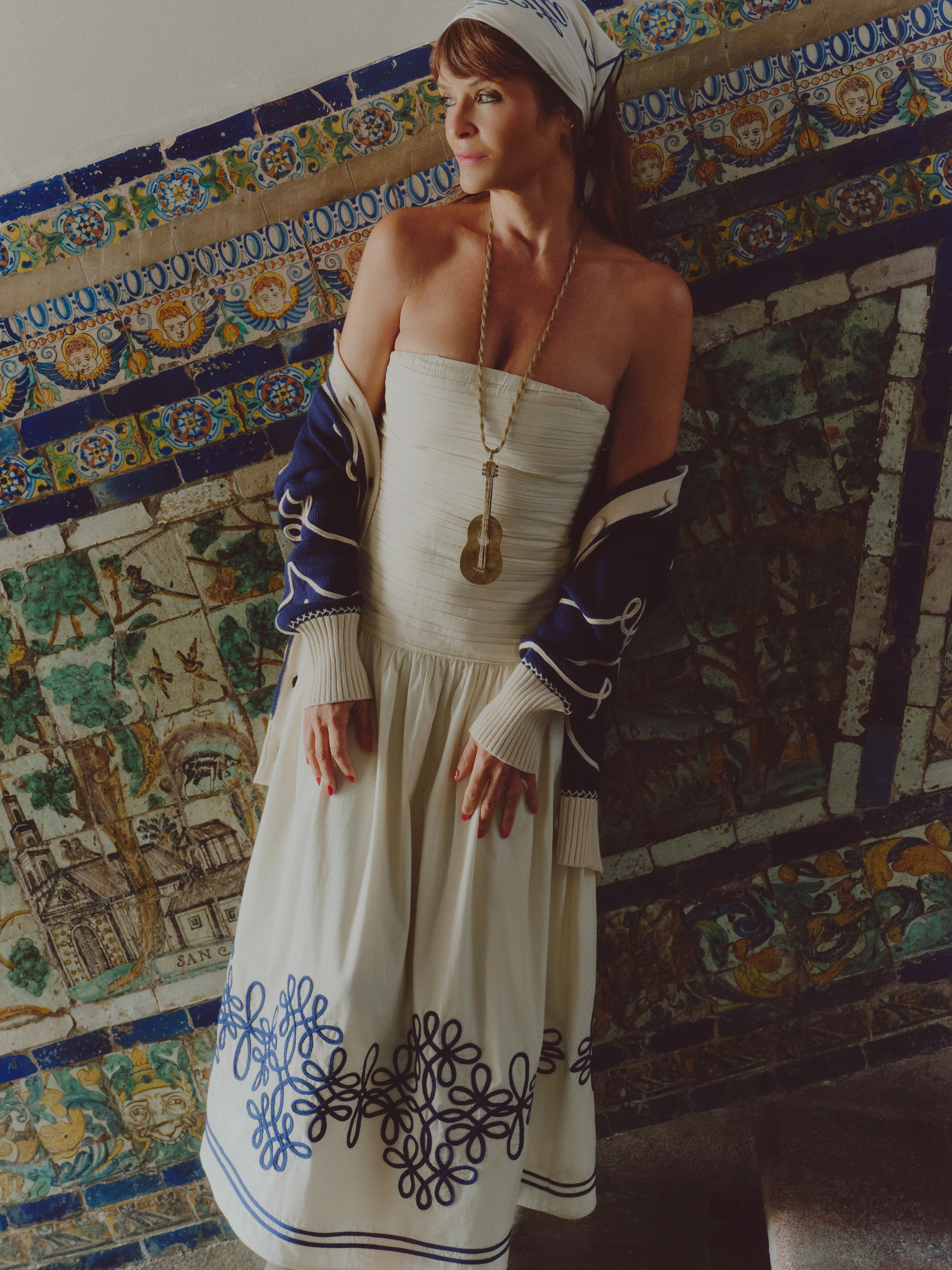 Organic cotton dress with soutache embroidery, paired with a cotton cardigan
