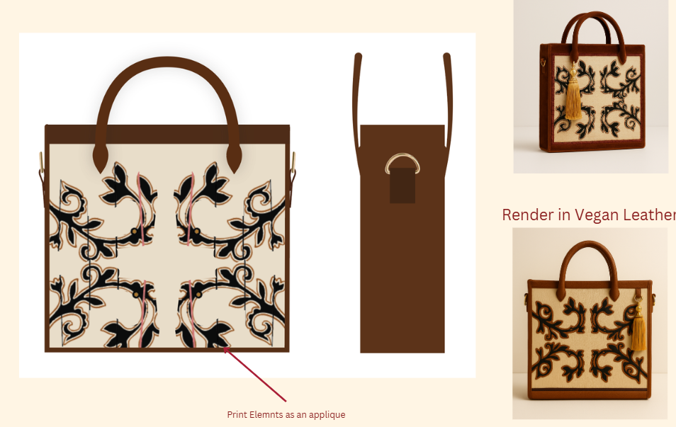 Vegan leather tote bag with applique. AI Visualization.