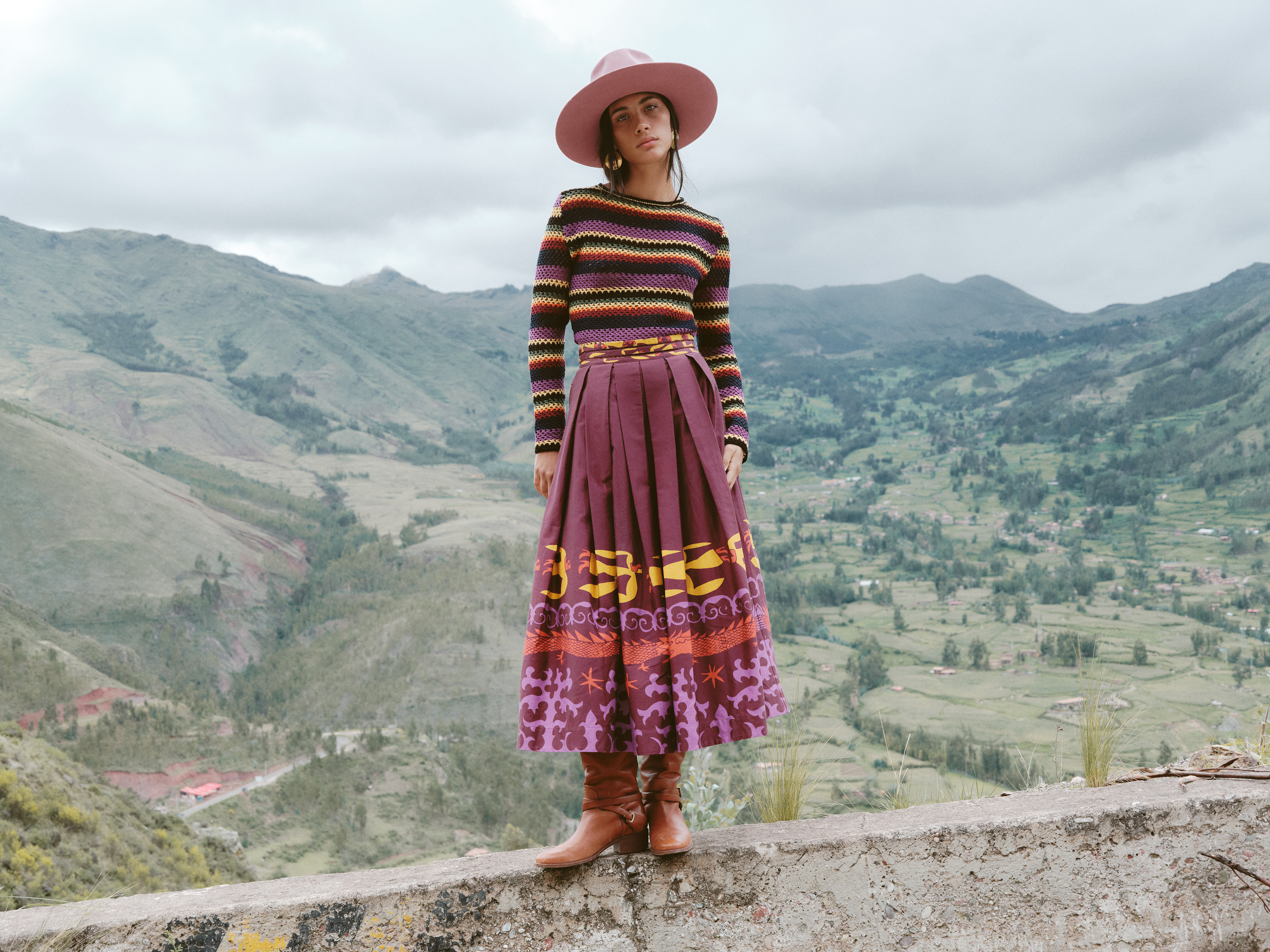 Handmade crochet top with printed cotton dress.