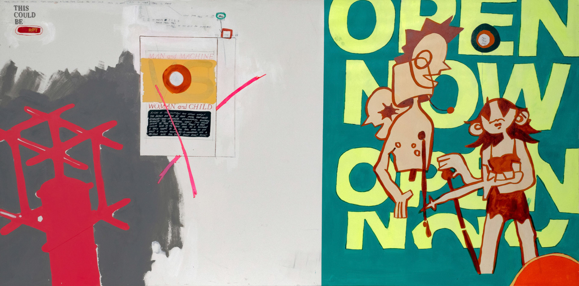OPEN NOW! / Acrylic, pencil, and ink on found wood board / 4 feet x 8 feet / 2023