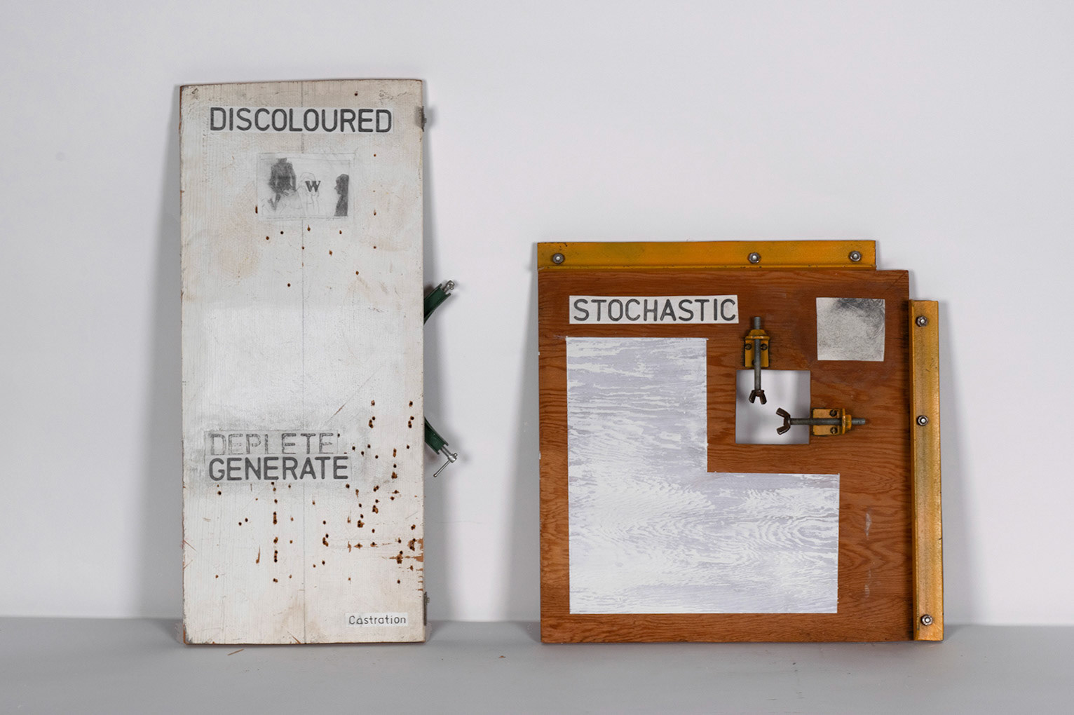 Pencil, paper, and acrylic on found wood with repurposed industrial components / Discolored: 12 inches x 28 inches / Stochastic: 20 inches x 20 inches / 2023