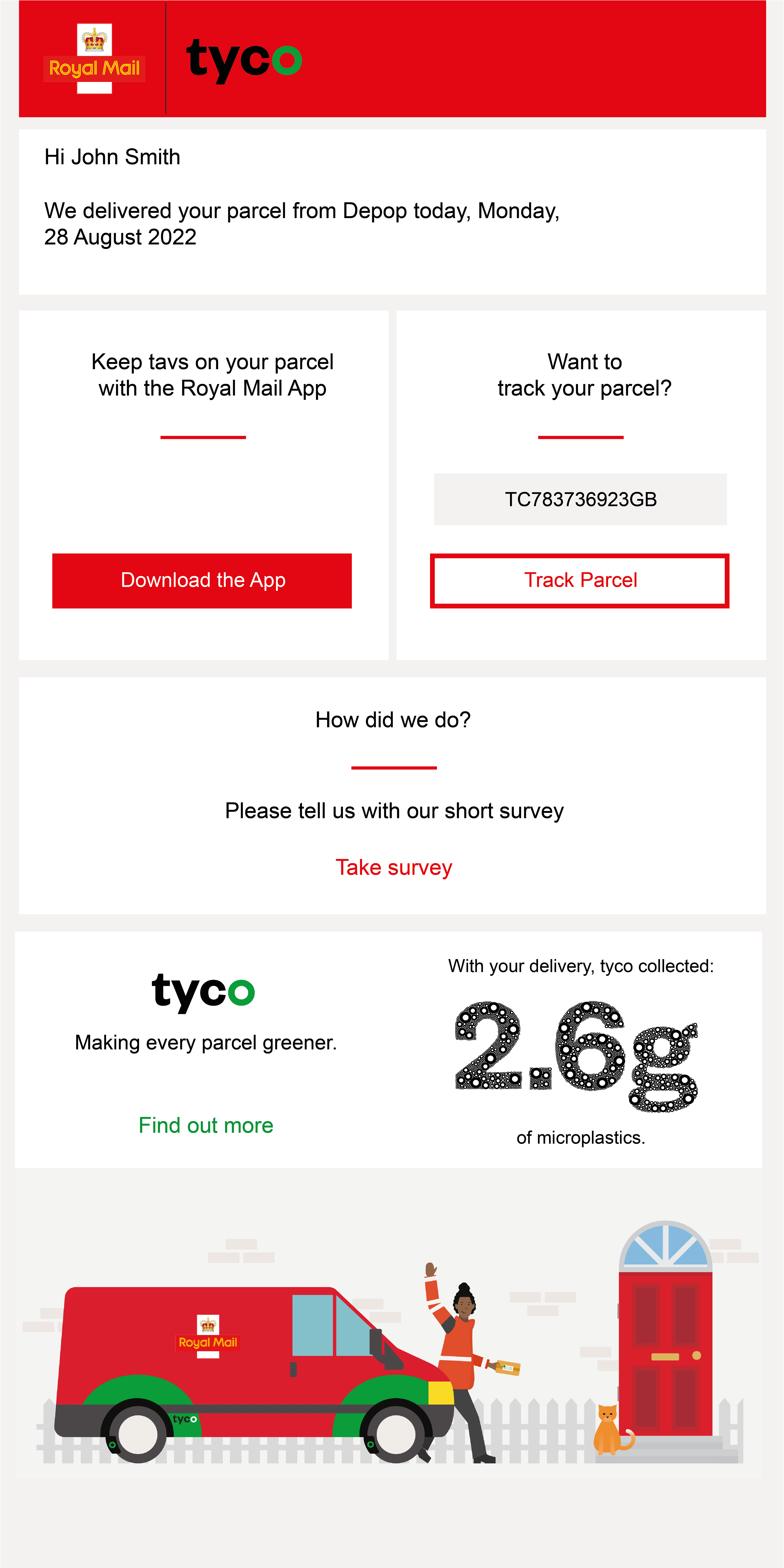 Email calculates amount of microplastics saved from your parcel's delivery