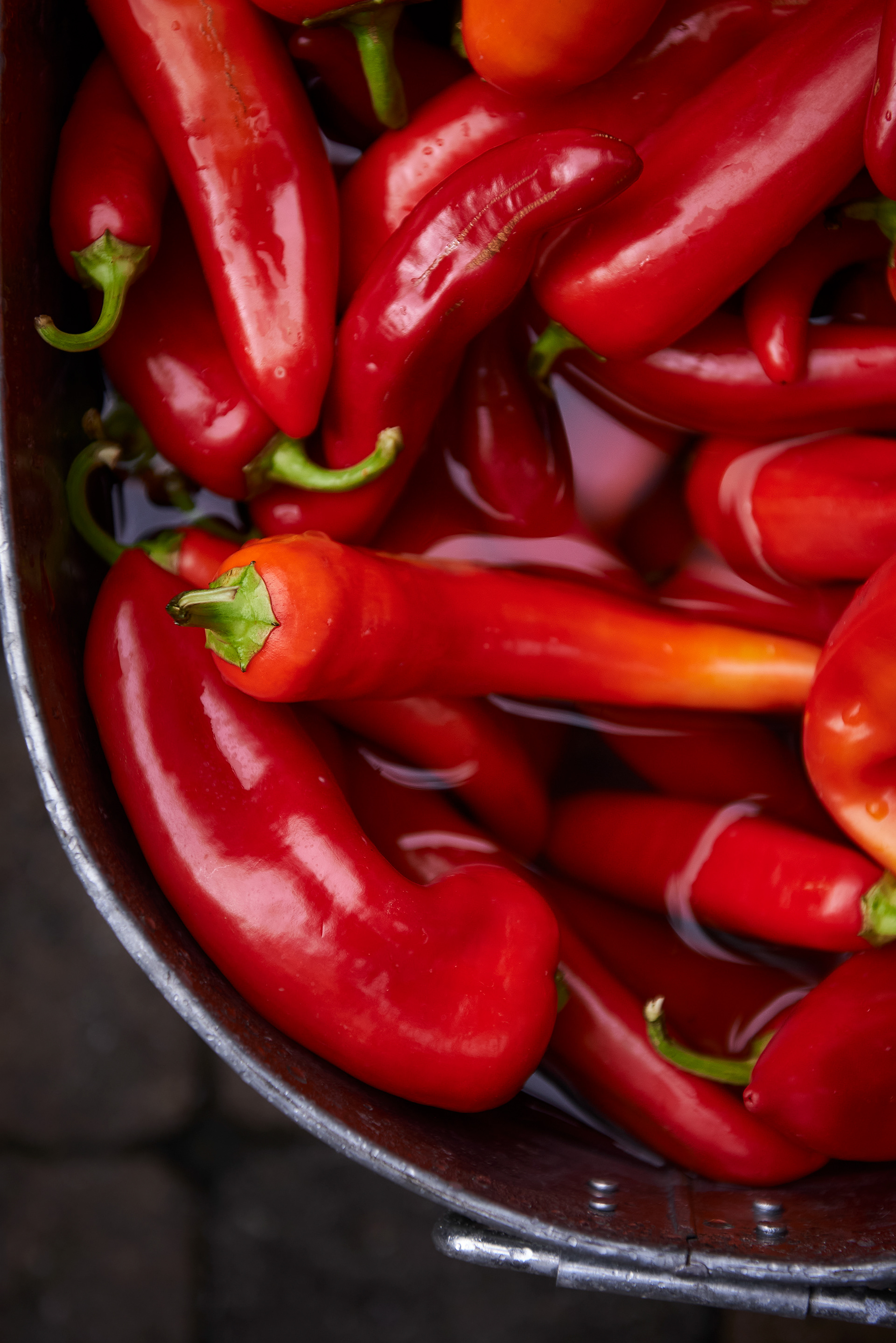 A food photography bunch of red peppers in water in a metal container , made by Kata Endrodi, a food and product photographer in Montreal