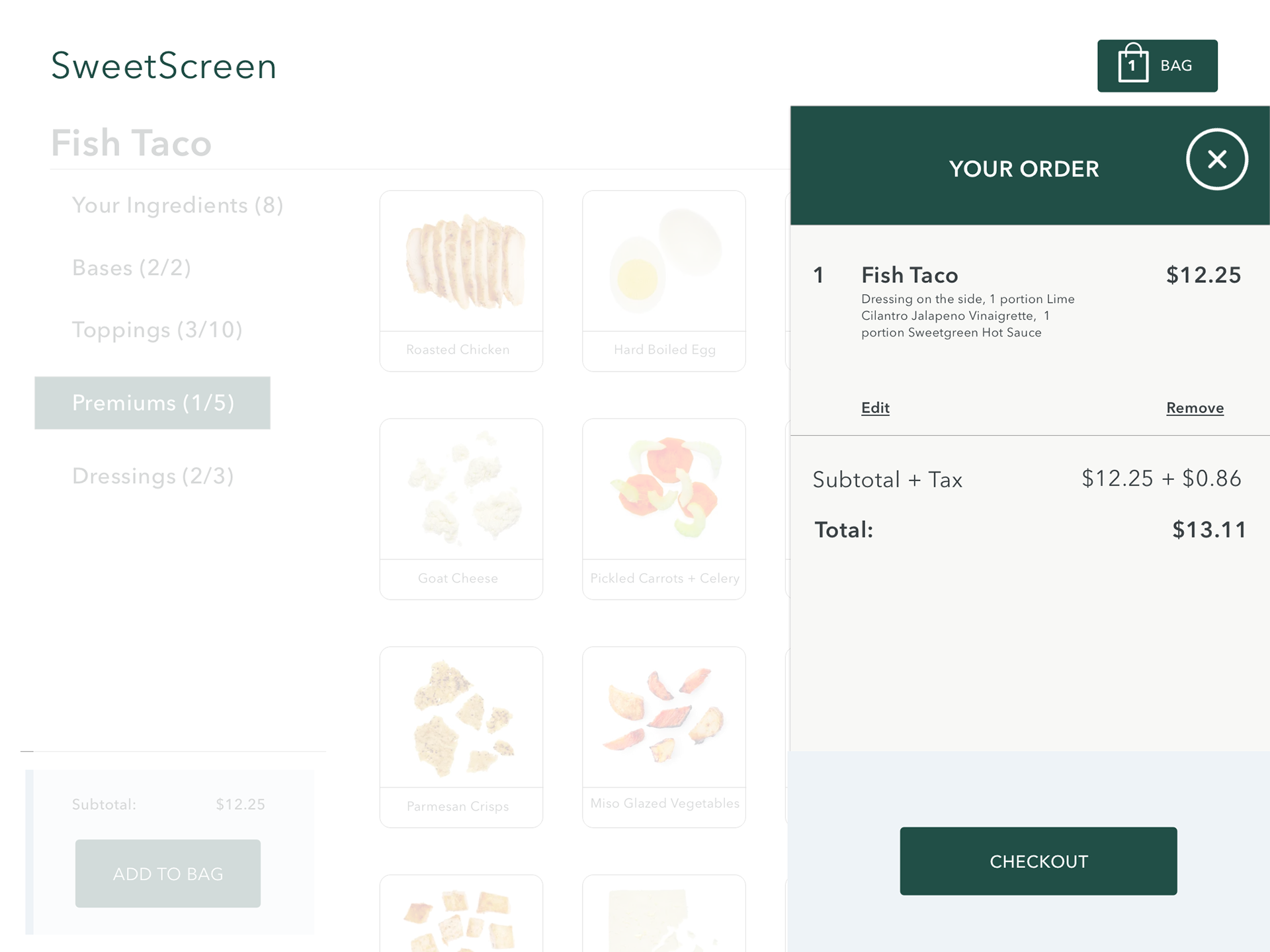 Sample screen for looking at items in your bag