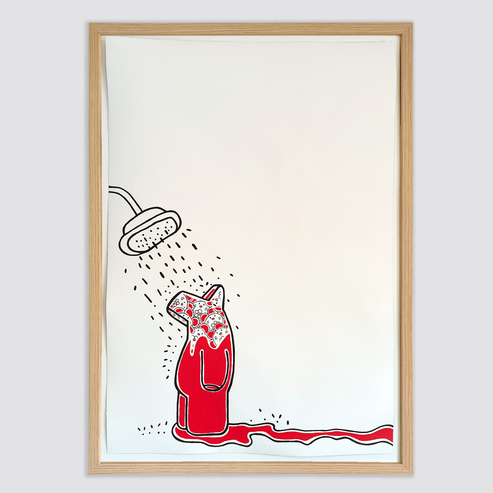 “A warm shower a day keeps the stupid thoughts away” 2024, Acrylic on paper, 50 x 35 cm