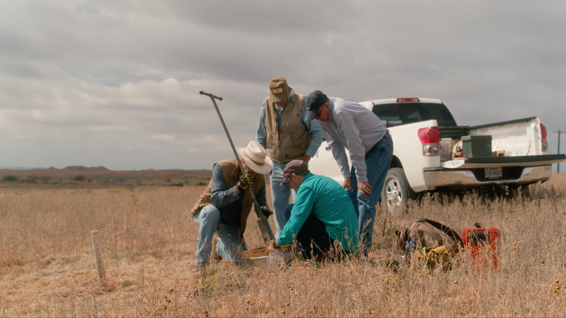 Doug Wilkens, Doug Boyd, John Erickson and Brett Cruse perform auger tests in a brand documentary for PAR called West Pasture Archeology.
