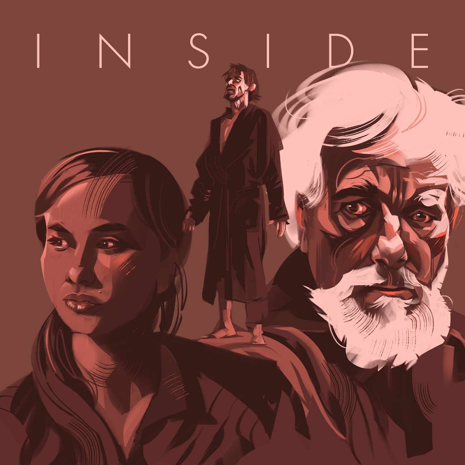 Willem Dafoe, Eliza Stuyck, Gene Bervoets from Inside – Editorial illustration and portrait drawing