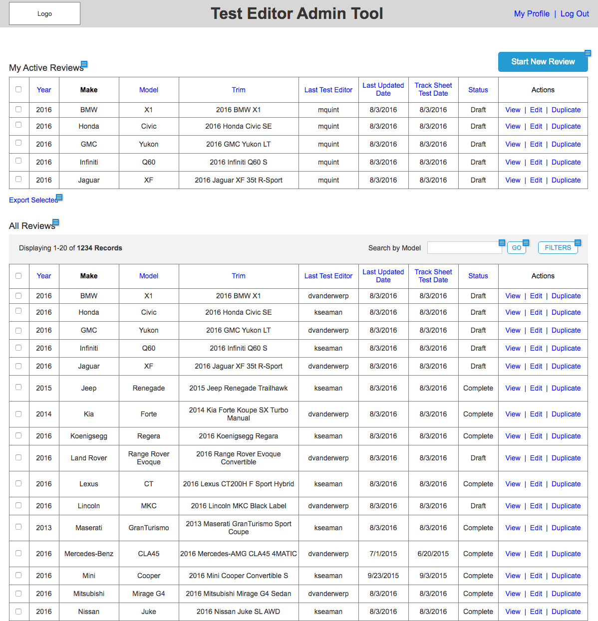 Initial Clickable Desktop Prototype for Vehicle Test Data - Design created with no user validation - only business requirements
