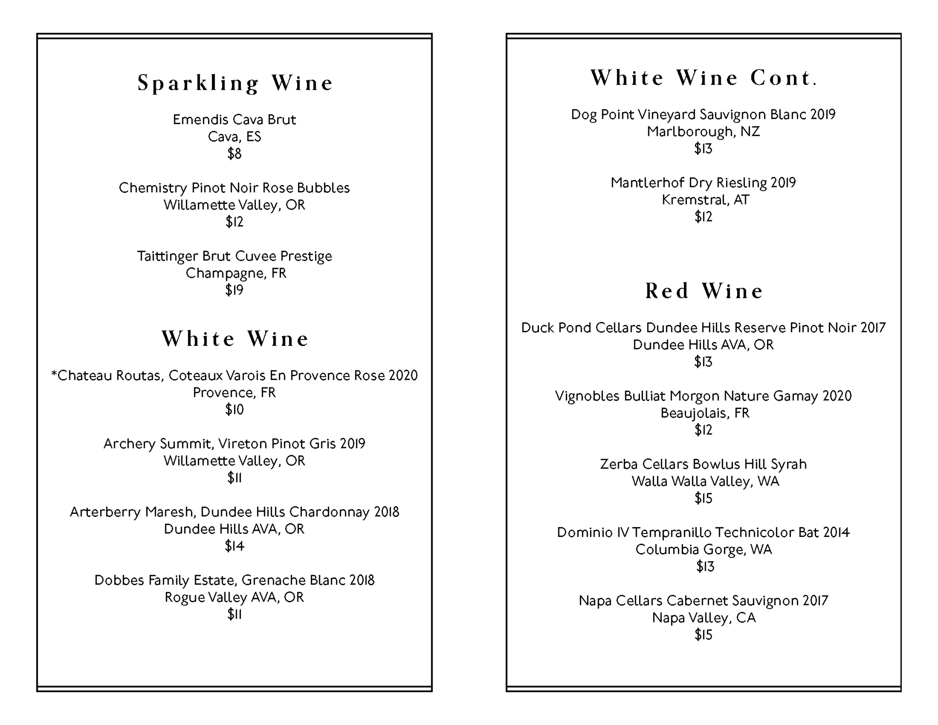 Drinks Menu center. 