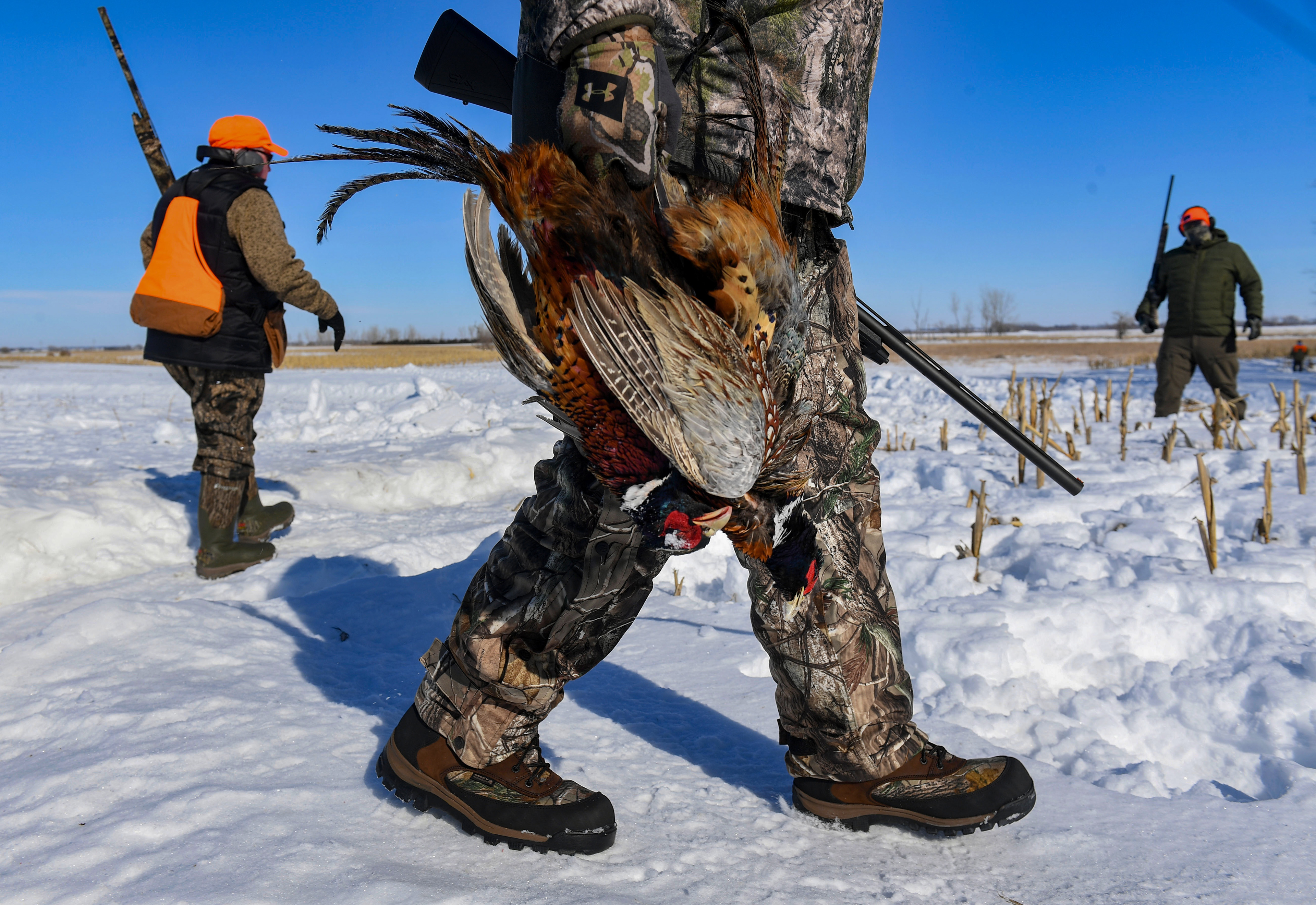 A veteran carries pheasants back to the lodge after hunting on a Wings of Valor retreat on Friday, February 17, 2023, in Parker, SD.