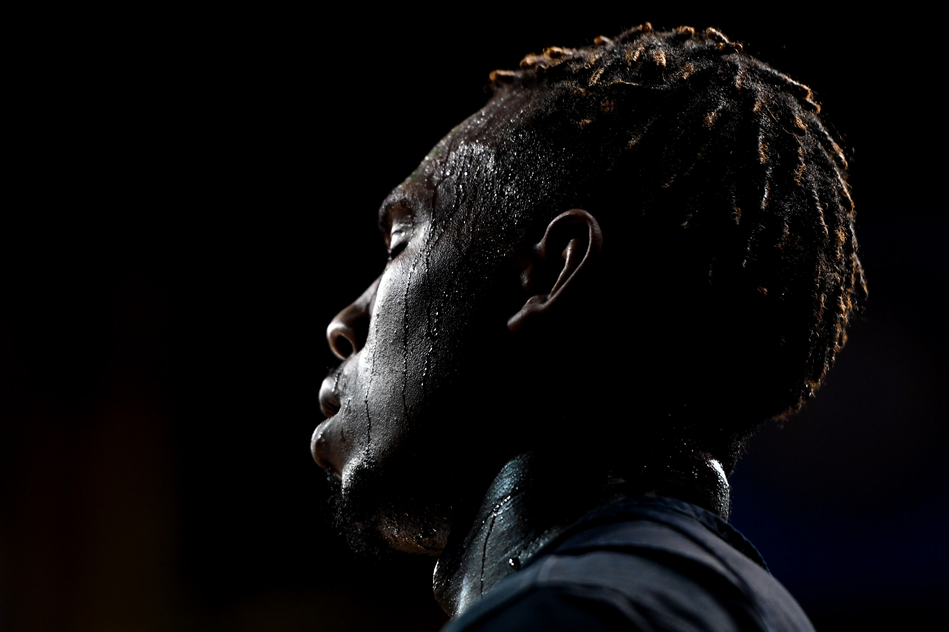 Sweat drips down Bashir Ahmed's face during a scrimmage on Wednesday, Nov. 6, 2019, at the Sanford Pentagon.