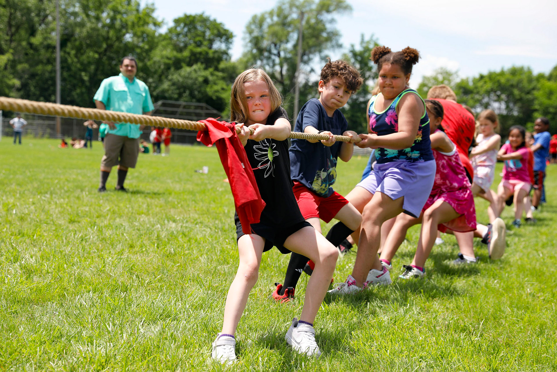 Nova Kotrous, Archer Bahamundi and  Londyn Edwards participate in the tug of war during Field Day on May 20, 2024, at Westview Elementary School.