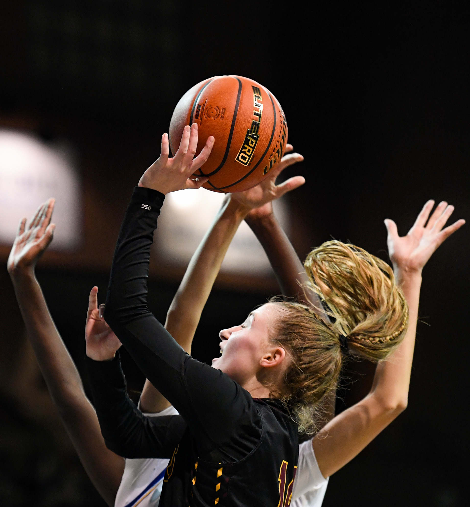 Harrisburg’s Sadie Mehrman jumps up to take a shot at the basket in a girls state basketball quarterfinal game against O’Gorman on Thursday, March 9, 2023, at the Sanford Pentagon in Sioux Falls.
