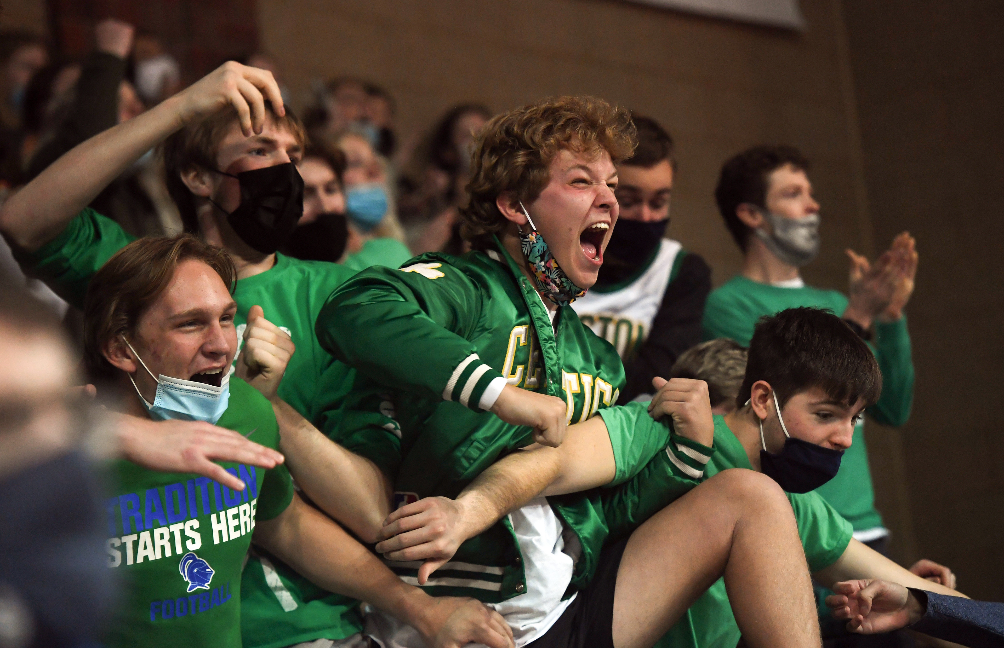 O'Gorman fans cheer enthusiastically during the semifinals of the Class AA girls state basketball tournament on Friday, March 12, 2021, at the Sanford Pentagon in Sioux Falls.