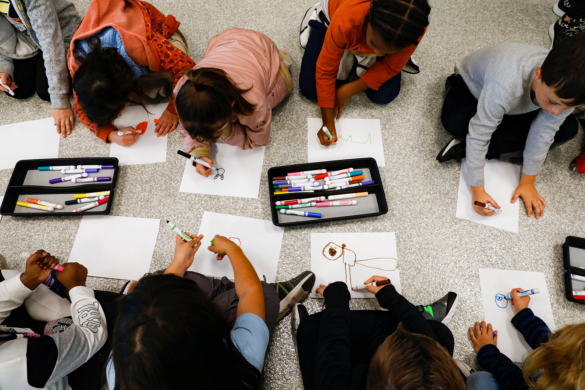 Elementary students draw examples of animals during an environmental education field trip on October 16, 2023, at the Paradise Park campus. 